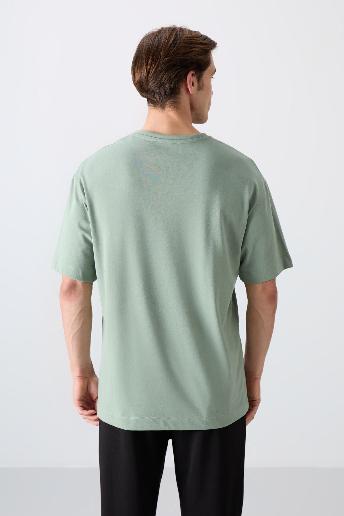 Açık Yeşil Pamuklu Kalın Yumuşak Dokulu Oversize Fit Baskılı Erkek T-Shirt - 88332