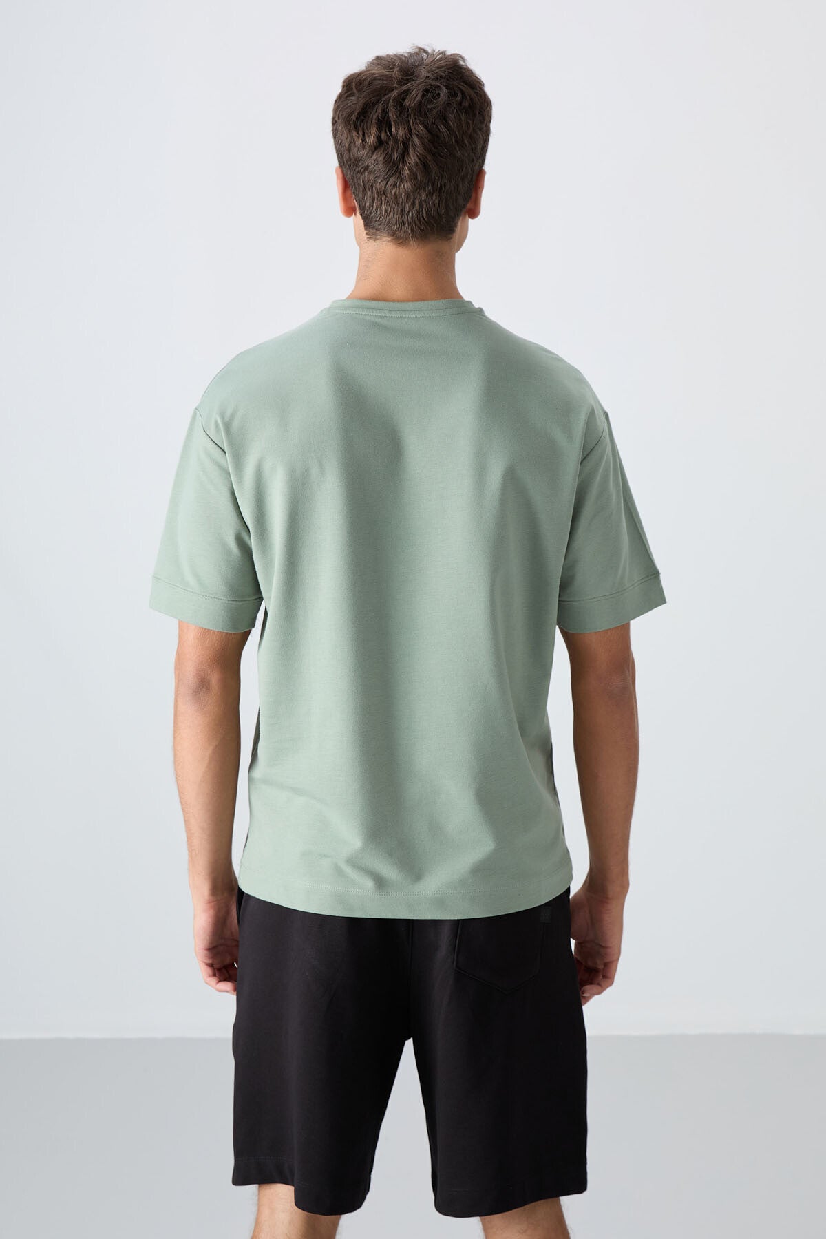 Açık Yeşil Pamuklu Kalın Yumuşak Dokulu Oversize Fit Basic Erkek T-Shirt - 88349