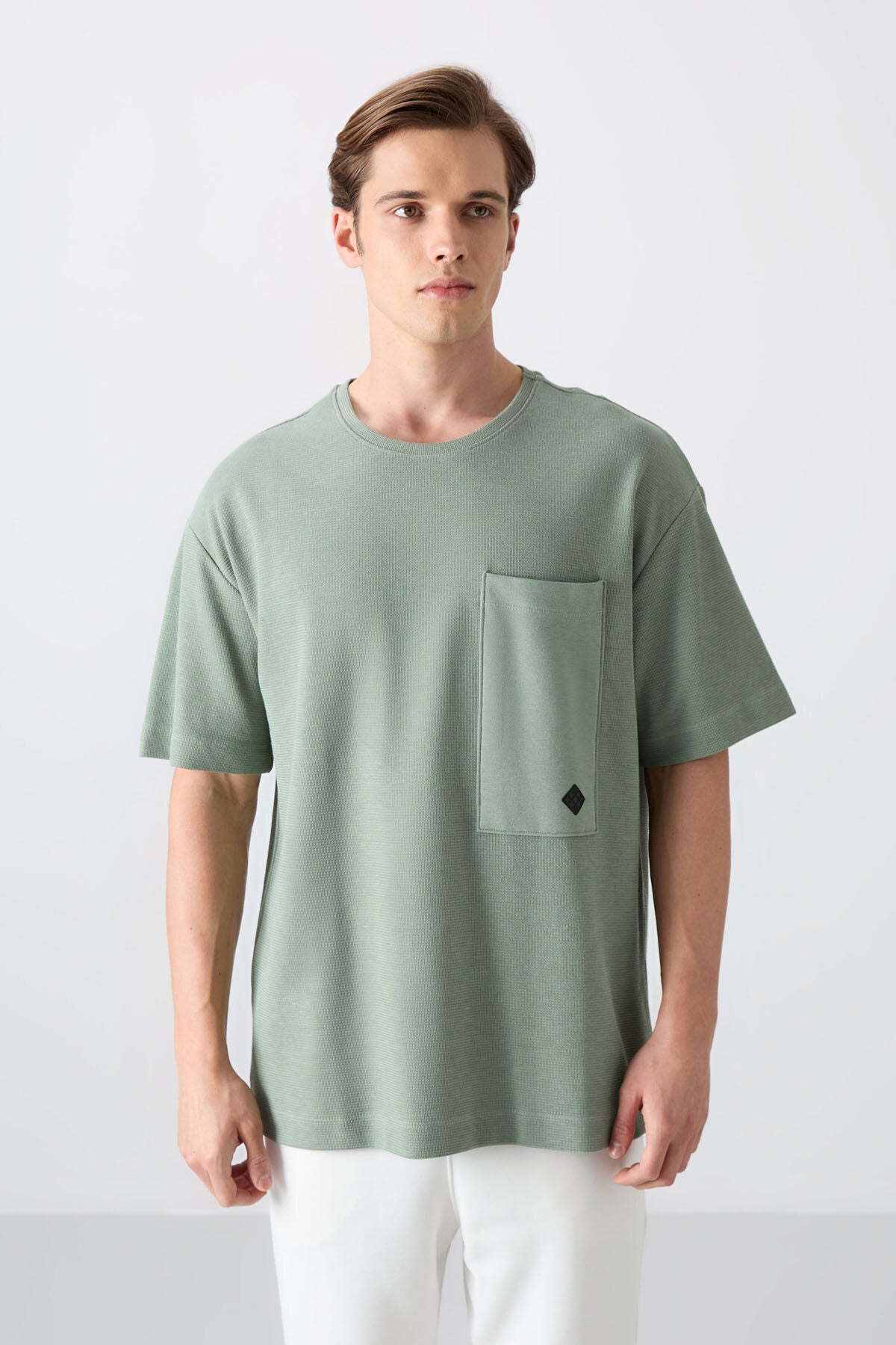 Açık Yeşil Pamuklu Kalın Yüzeyi Dokulu Oversize Fit Basic Erkek T-Shirt - 88341