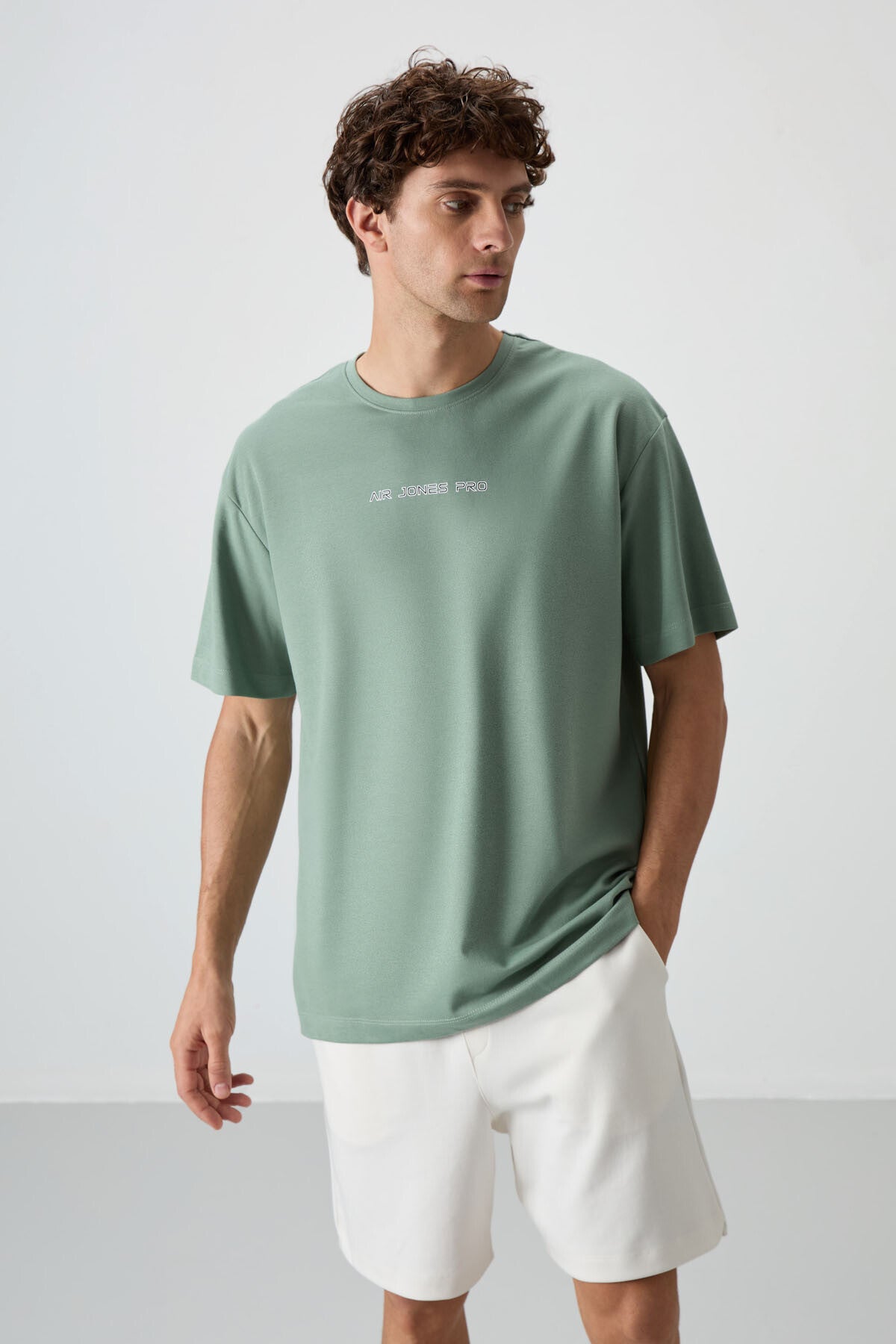 Açık Yeşil Pamuklu Kalın Yüzeyi Dokulu Oversize Fit  Baskılı Erkek T-Shirt - 88364
