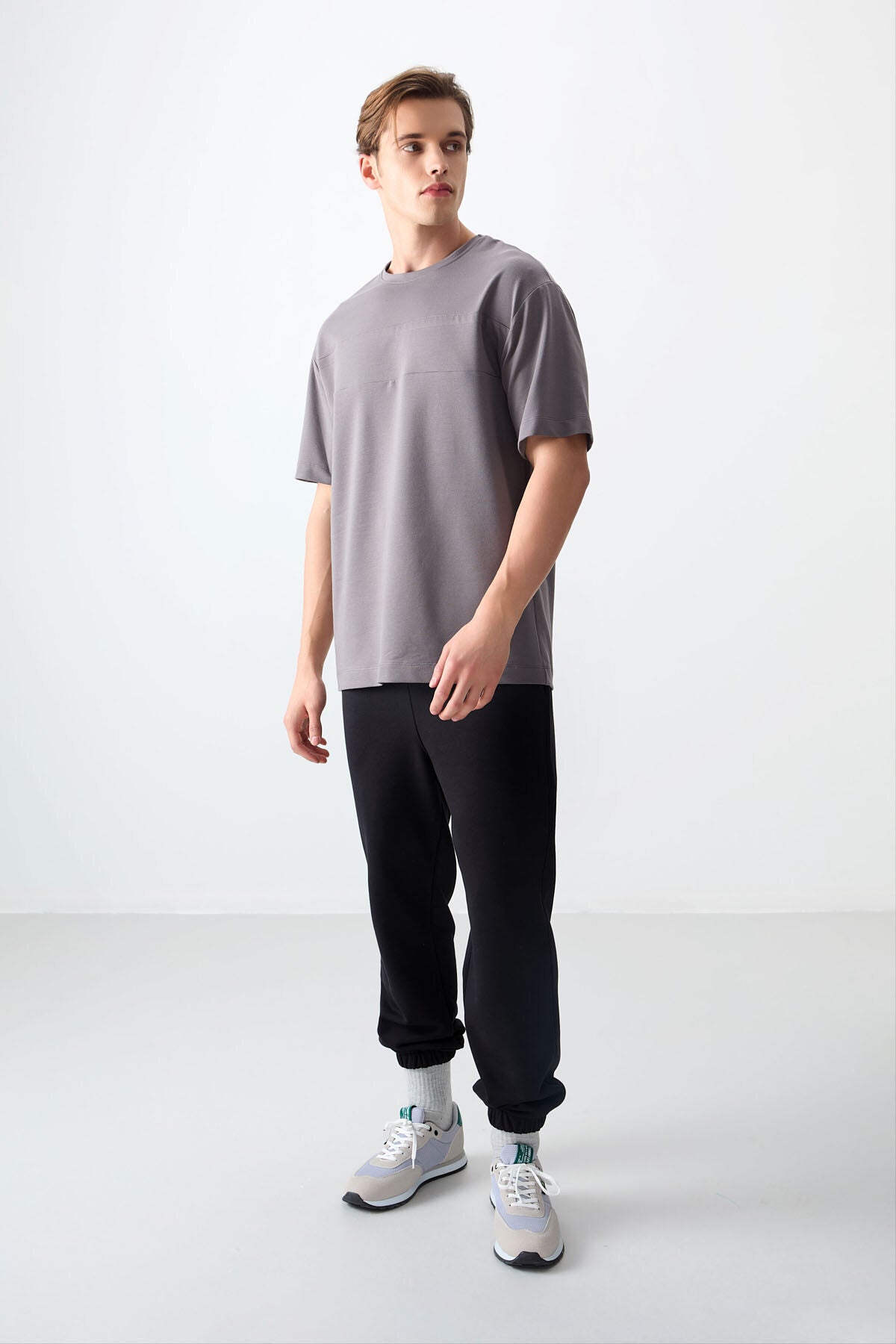 Koyu Gri Pamuklu Kalın Yumuşak Dokulu Oversize Fit Basic Erkek T-Shirt - 88378
