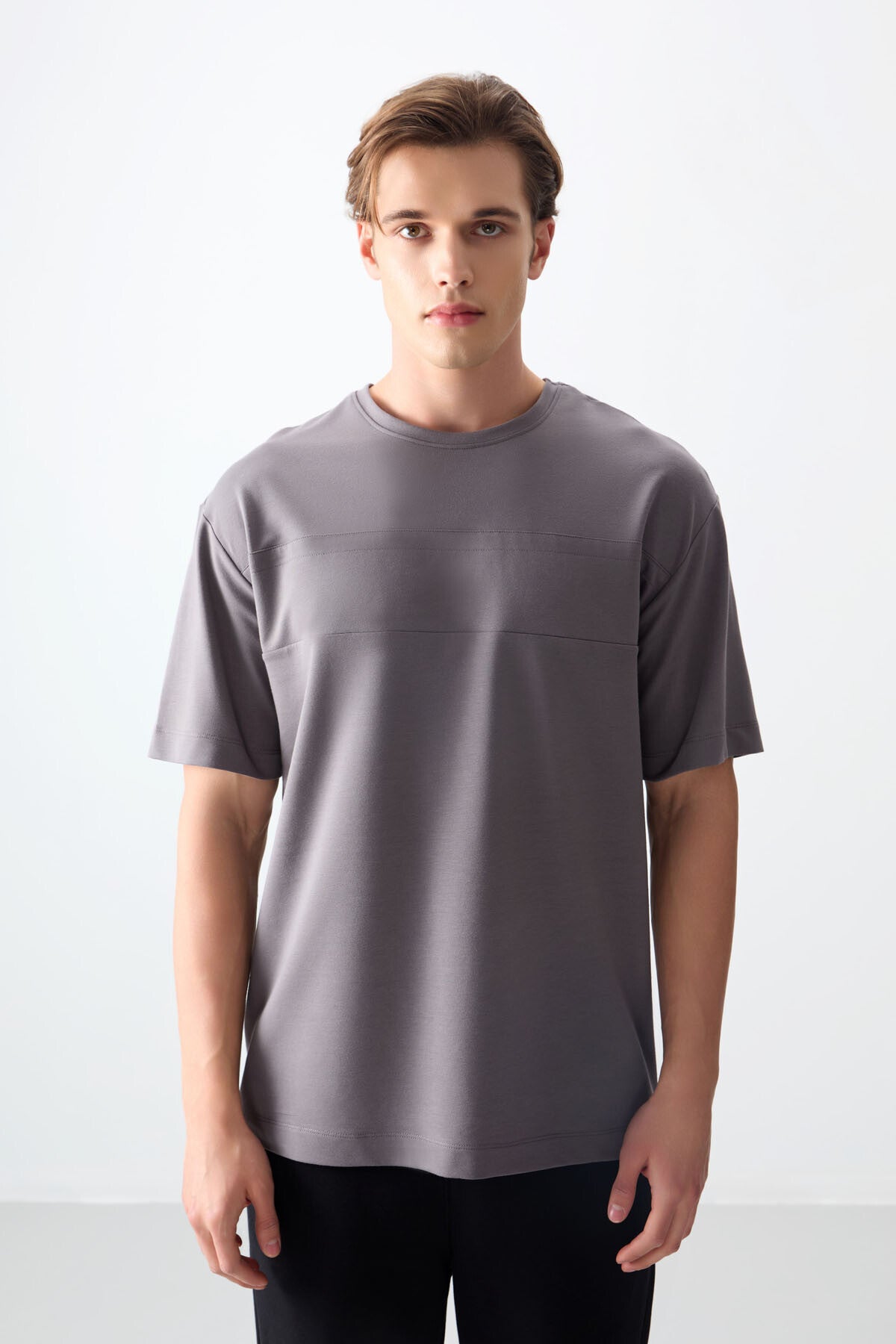 Koyu Gri Pamuklu Kalın Yumuşak Dokulu Oversize Fit Basic Erkek T-Shirt - 88378