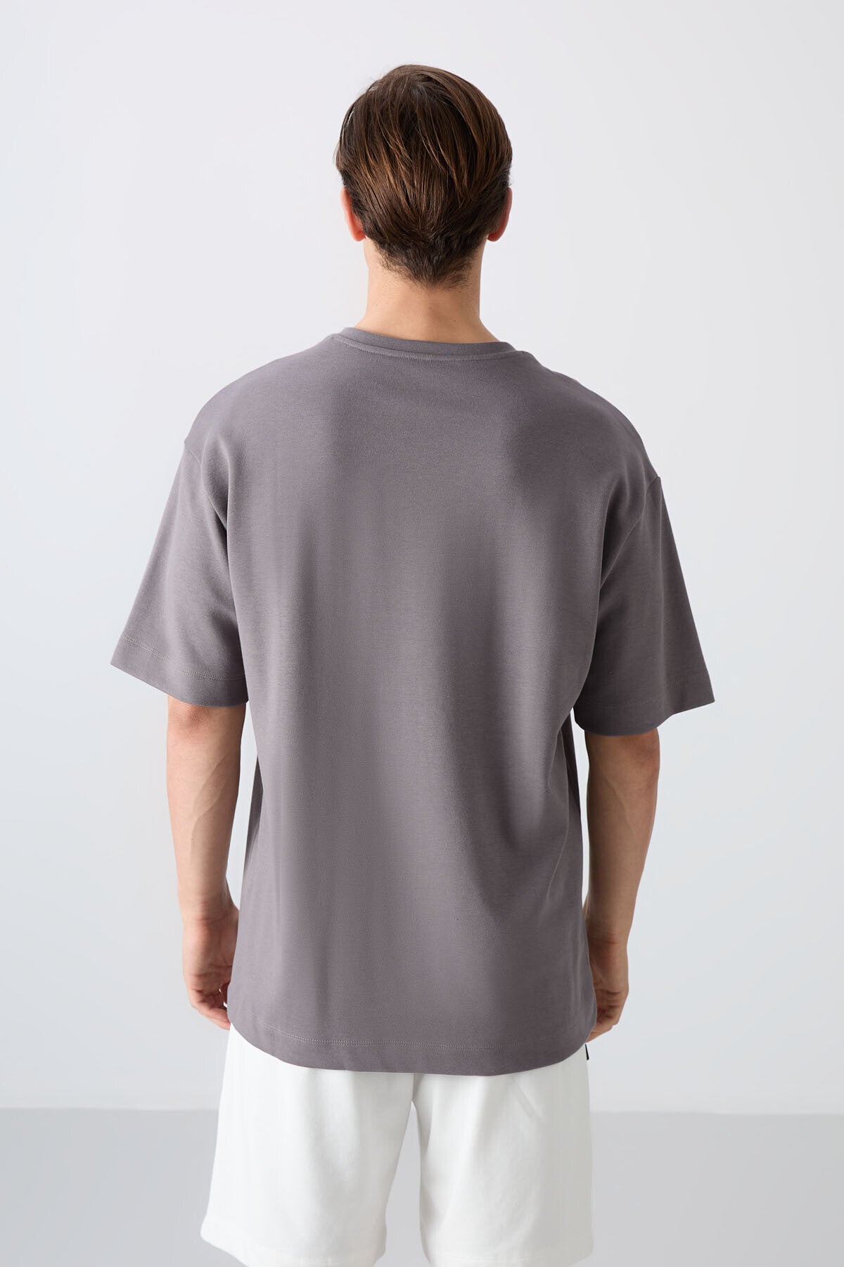 Koyu Gri Pamuklu Kalın Yumuşak Dokulu Oversize Fit Baskılı Erkek T-Shirt - 88326