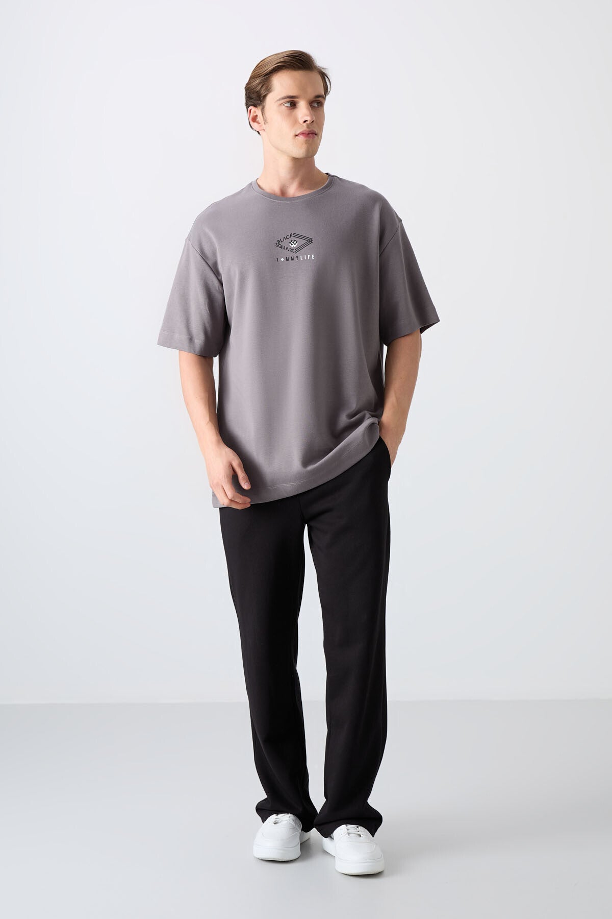 Koyu Gri Pamuklu Kalın Yumuşak Dokulu Oversize Fit Baskılı Erkek T-Shirt - 88325
