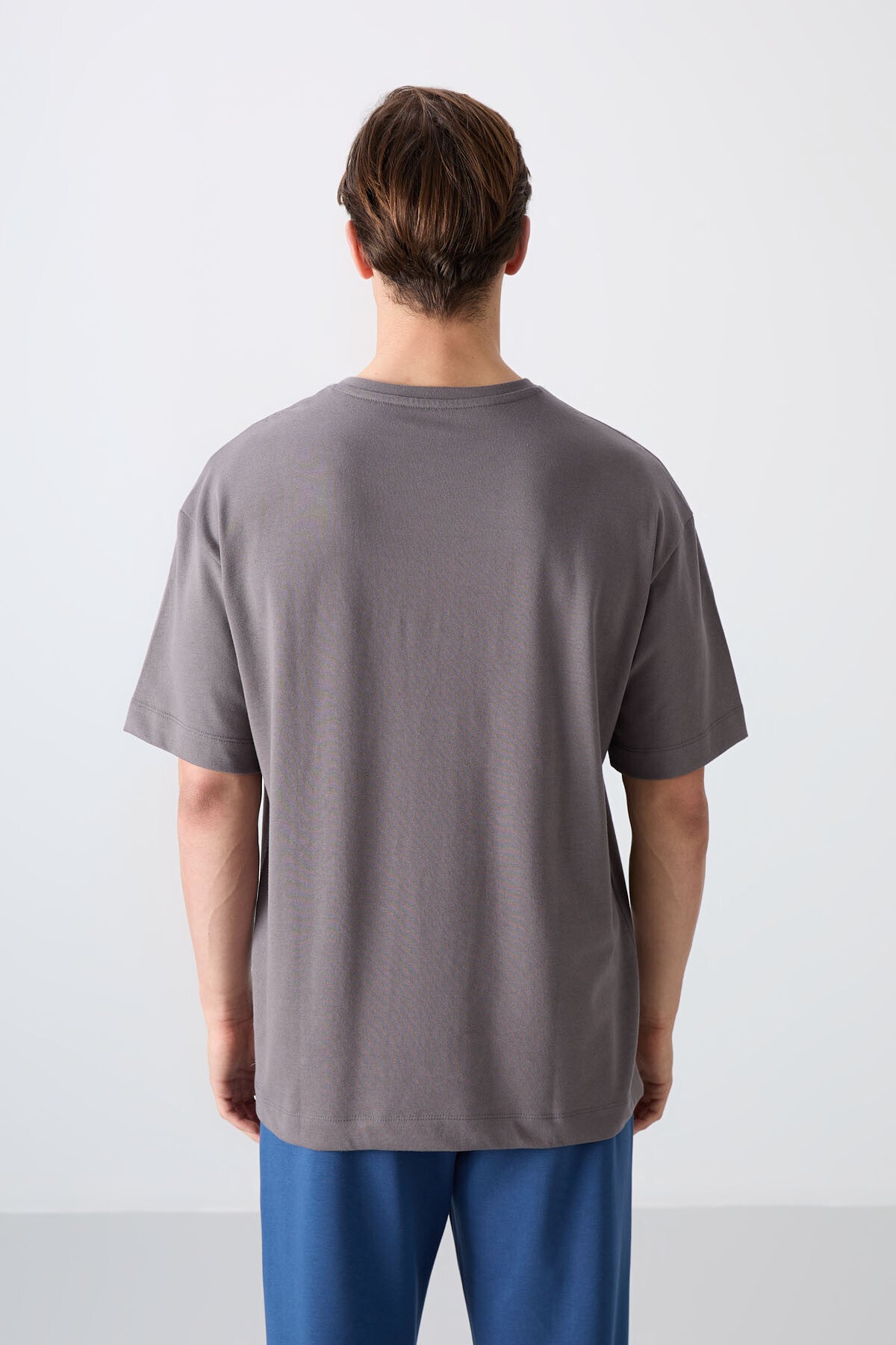 Koyu Gri Pamuklu Kalın Yumuşak Dokulu Oversize Fit Baskılı Erkek T-Shirt - 88334