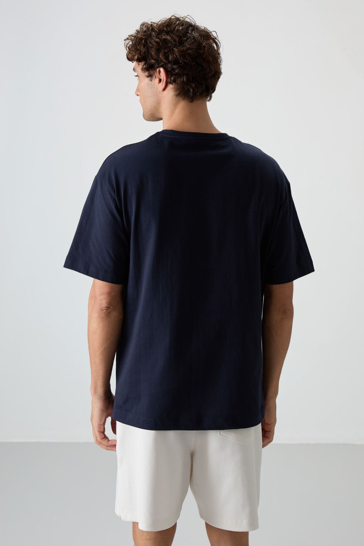 Lacivert %100 Pamuk Kalın Yumuşak Dokulu Oversize Fit Baskılı Erkek T-Shirt - 88360