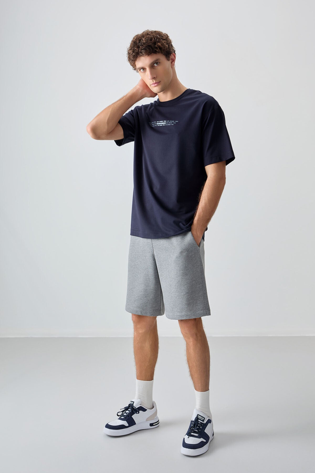 Lacivert Pamuklu Kalın Yumuşak Dokulu Oversize Fit Baskılı Erkek T-Shirt - 88374