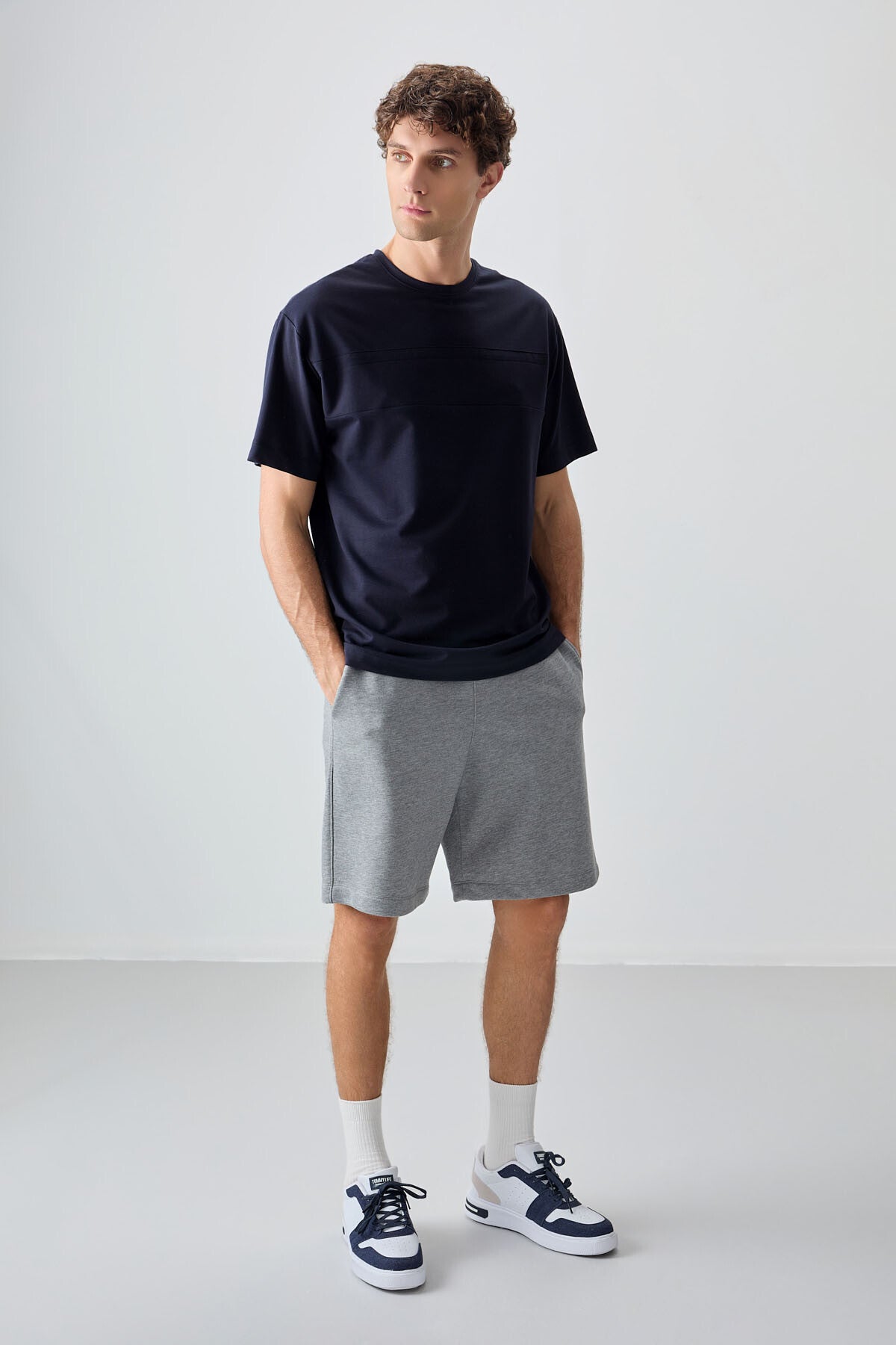 Lacivert Pamuklu Kalın Yumuşak Dokulu Oversize Fit Basic Erkek T-Shirt - 88378