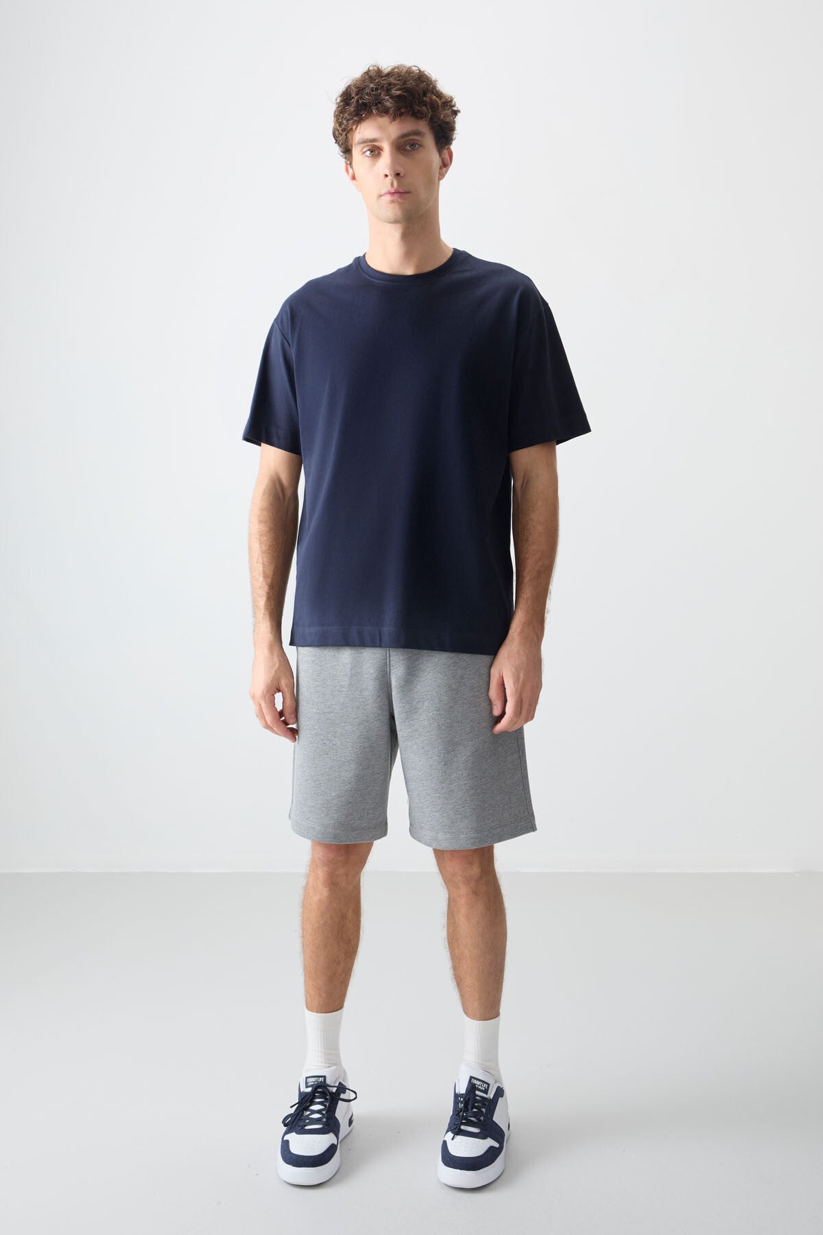Lacivert %100 Pamuk Kalın Yumuşak Dokulu Oversize Fit Basic Erkek T-Shirt - 88353