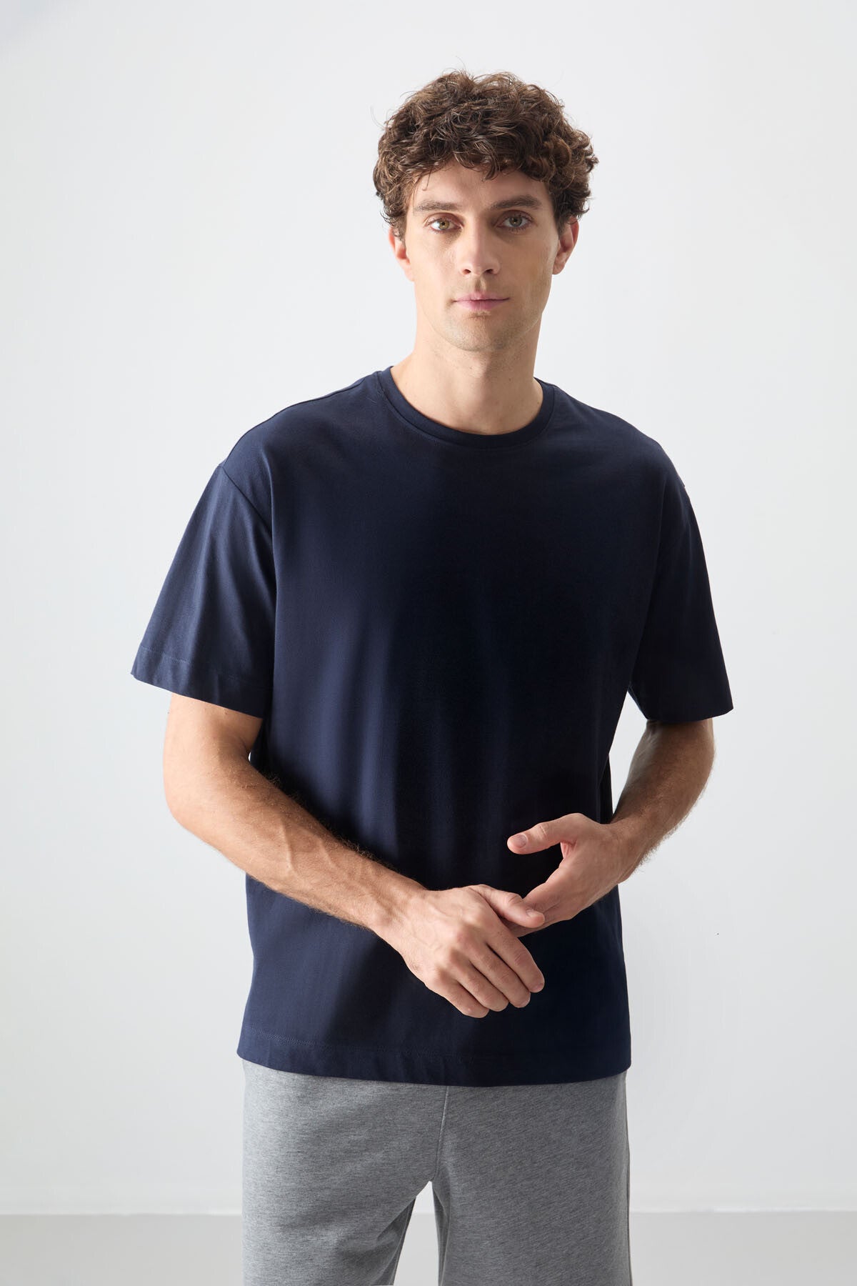 Lacivert %100 Pamuk Kalın Yumuşak Dokulu Oversize Fit Basic Erkek T-Shirt - 88353