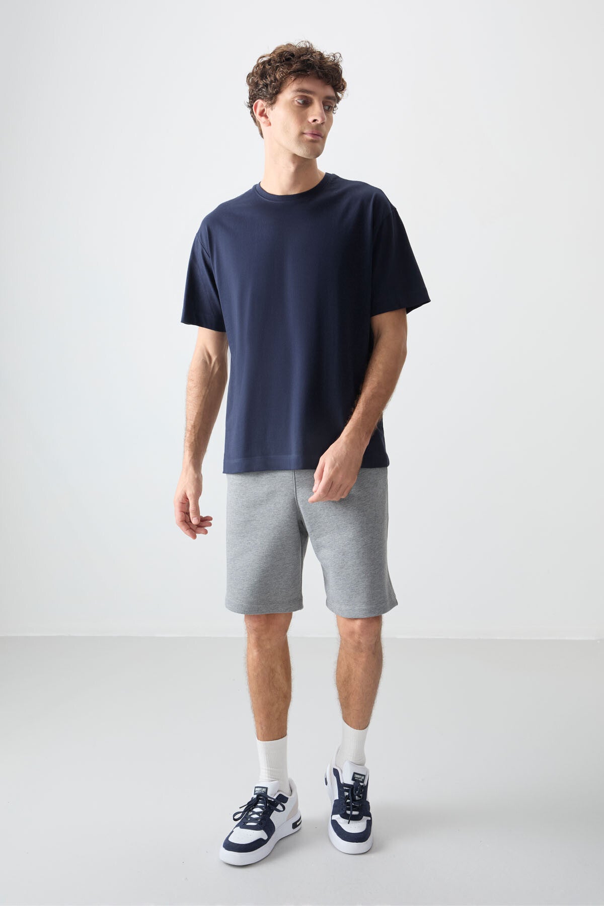 Lacivert %100 Pamuk Kalın Yumuşak Dokulu Oversize Fit Basic Erkek T-Shirt - 88353