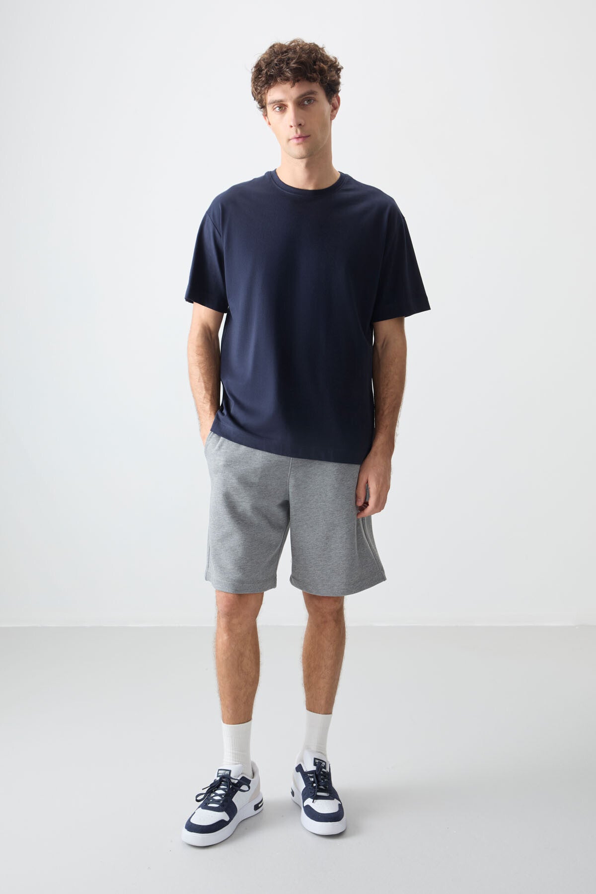 Lacivert %100 Pamuk Kalın Yumuşak Dokulu Oversize Fit Basic Erkek T-Shirt - 88353