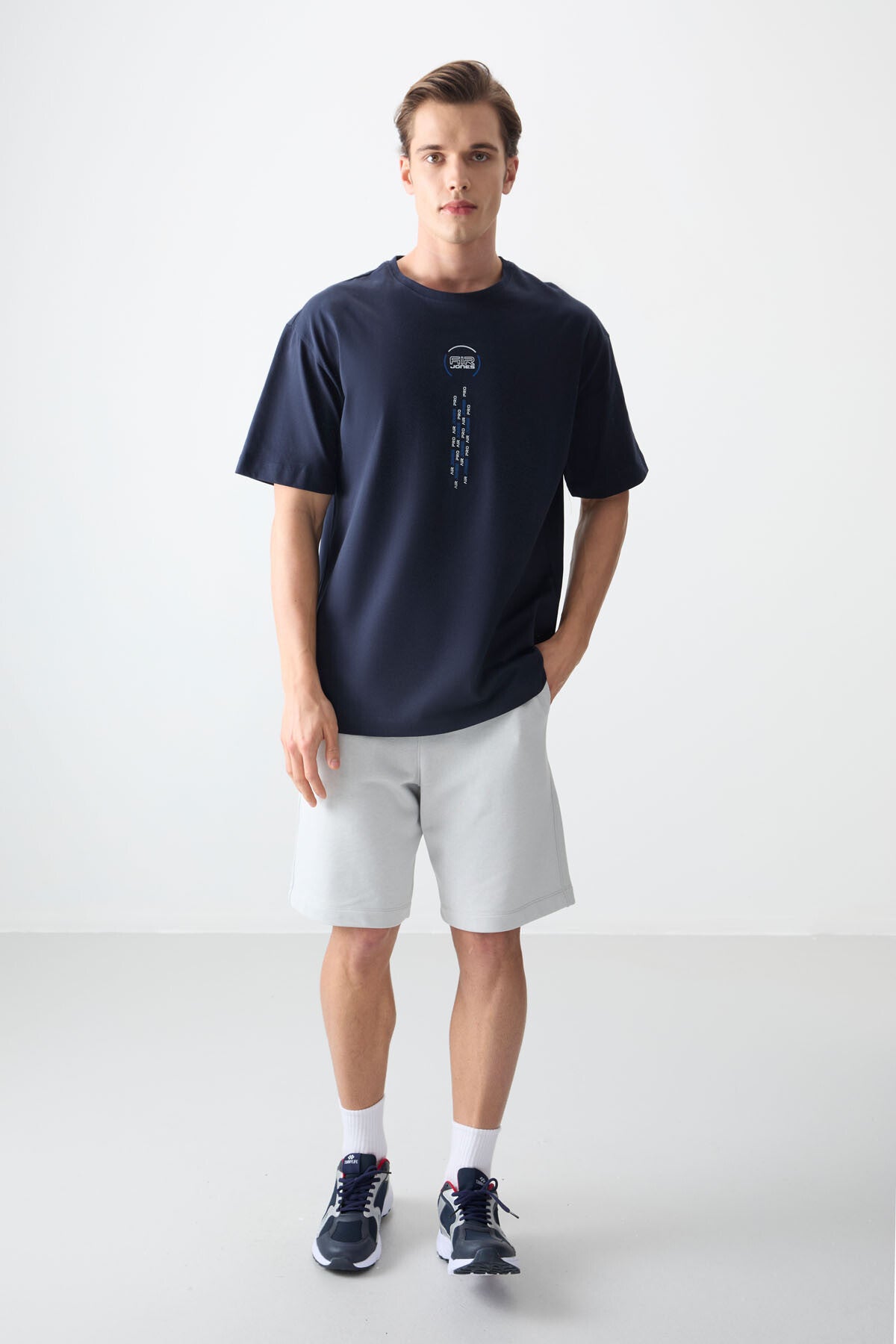 Lacivert %100 Pamuk Kalın Yumuşak Dokulu Oversize Fit Baskılı Erkek T-Shirt - 88355