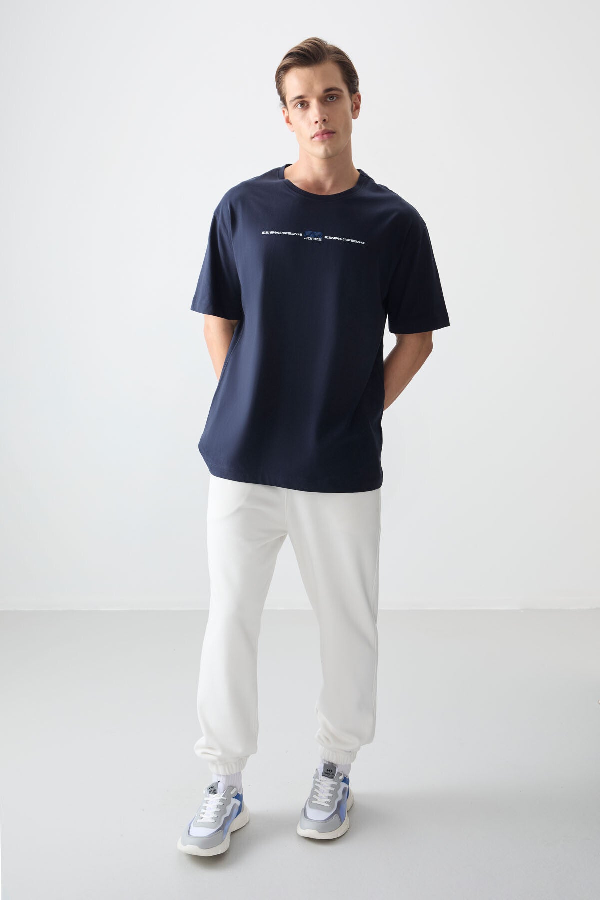 Lacivert %100 Pamuk Kalın Yumuşak Dokulu Oversize Fit Baskılı Erkek T-Shirt - 88357