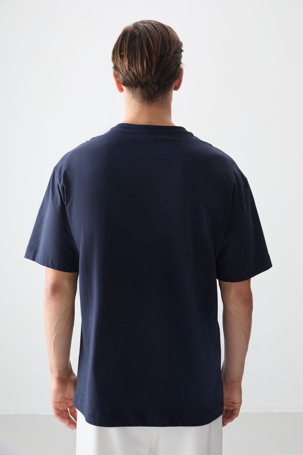 Lacivert %100 Pamuk Kalın Yumuşak Dokulu Oversize Fit Baskılı Erkek T-Shirt - 88357