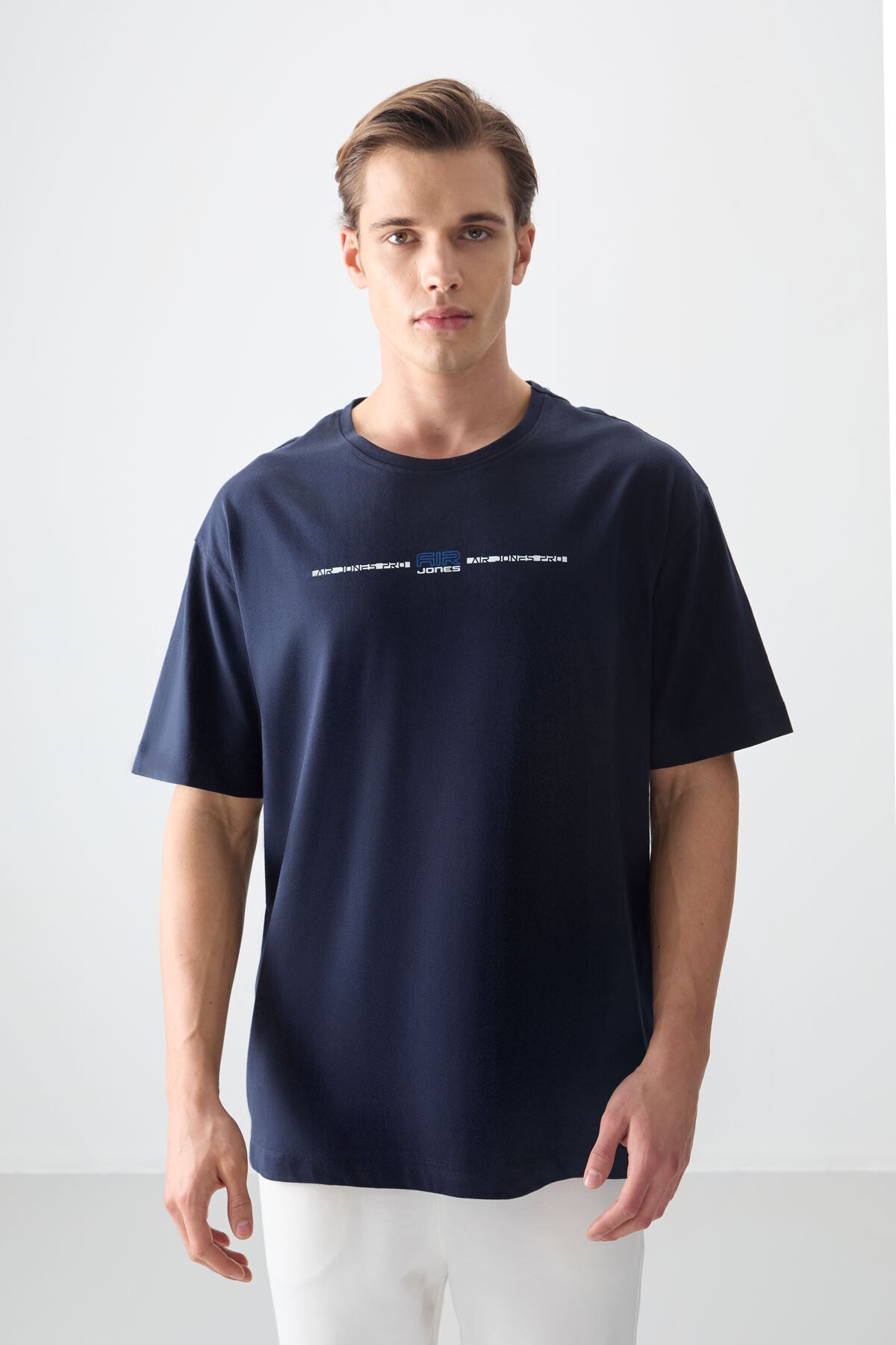 Lacivert %100 Pamuk Kalın Yumuşak Dokulu Oversize Fit Baskılı Erkek T-Shirt - 88357
