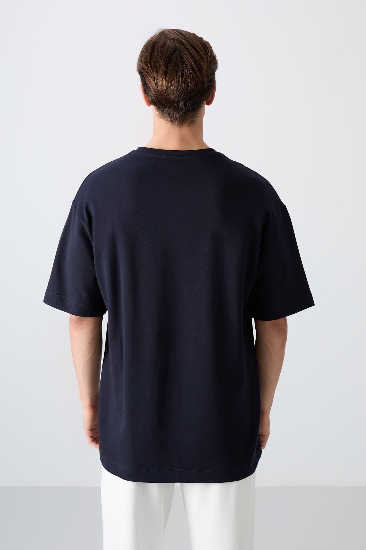Lacivert Pamuklu Kalın Yumuşak Dokulu Oversize Fit Baskılı Erkek T-Shirt - 88326