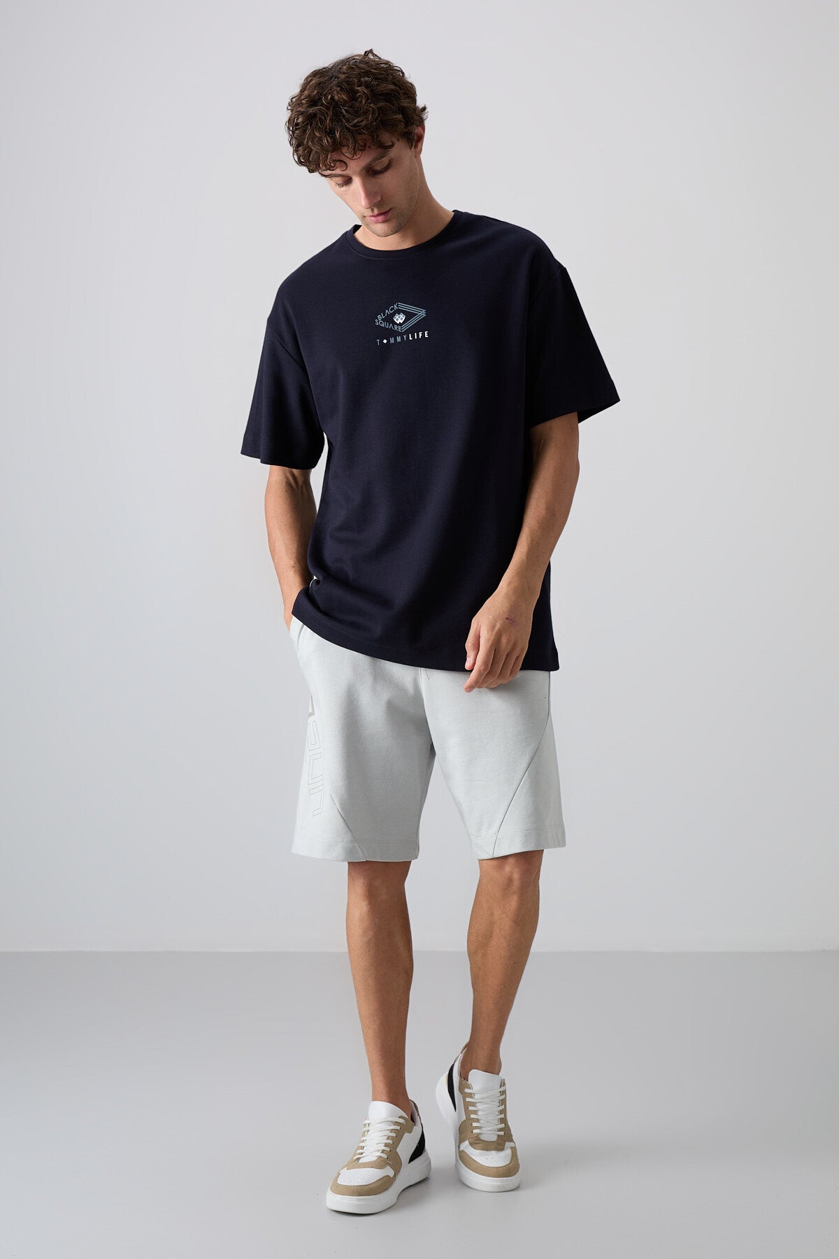 Lacivert Pamuklu Kalın Yumuşak Dokulu Oversize Fit Baskılı Erkek T-Shirt - 88325