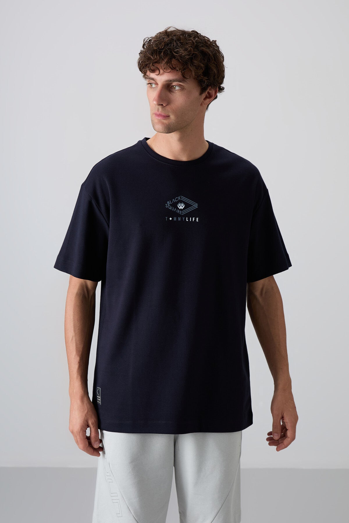 Lacivert Pamuklu Kalın Yumuşak Dokulu Oversize Fit Baskılı Erkek T-Shirt - 88325