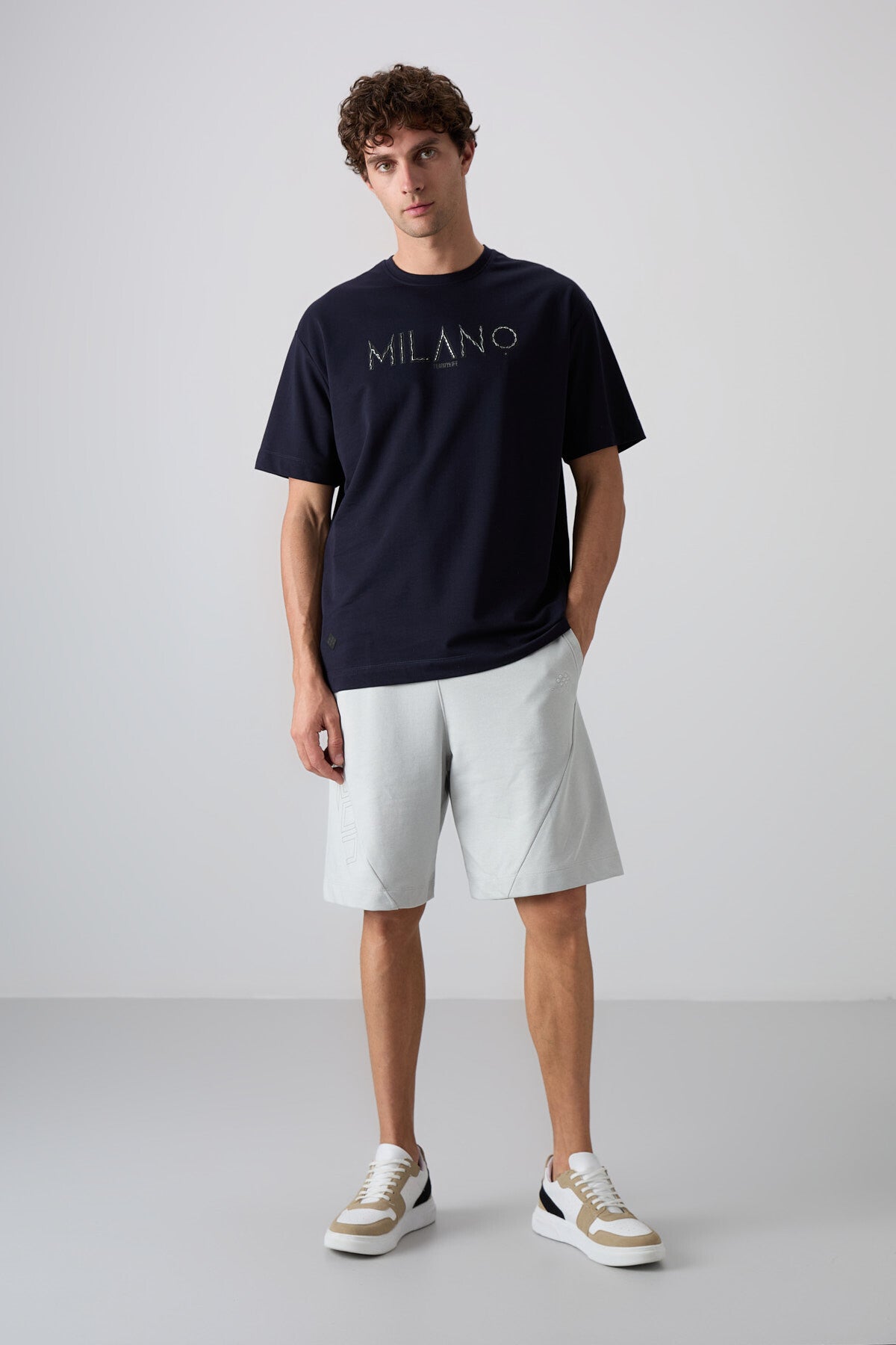 Lacivert Pamuklu Kalın Yumuşak Dokulu Oversize Fit Baskılı Erkek T-Shirt - 88345