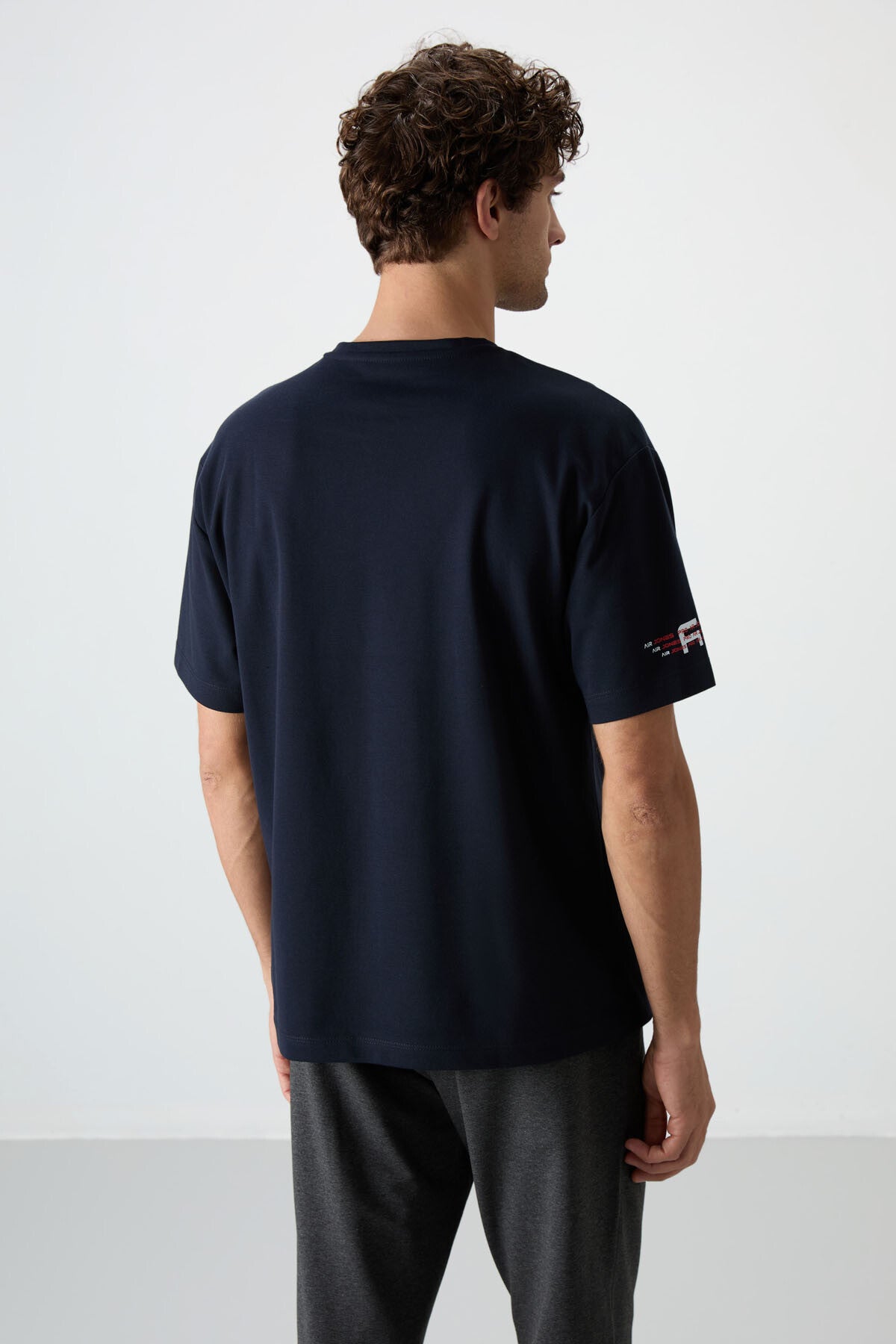 Lacivert Pamuklu Kalın Yüzeyi Dokulu Oversize Fit  Baskılı Erkek T-Shirt - 88369