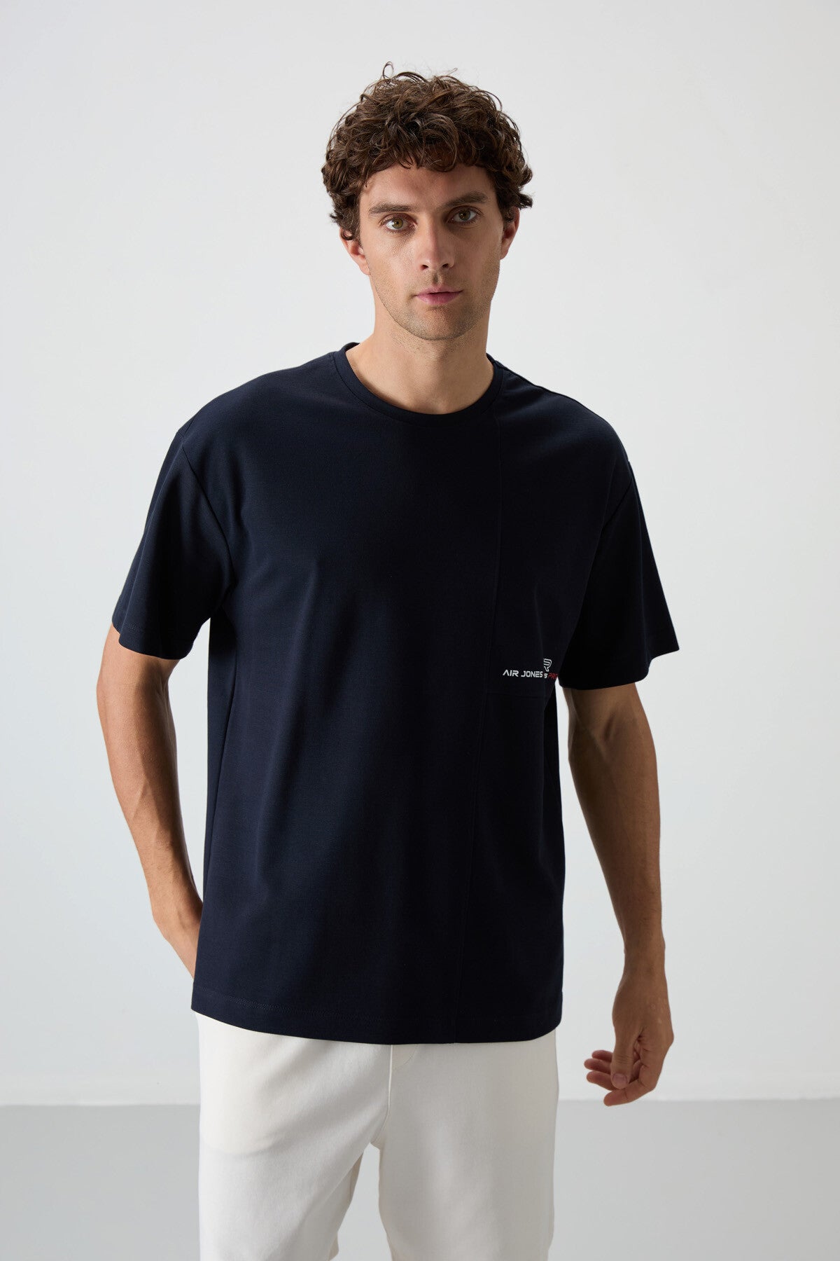 Lacivert Pamuklu Kalın Yüzeyi Dokulu Oversize Fit  Baskılı Erkek T-Shirt - 88370