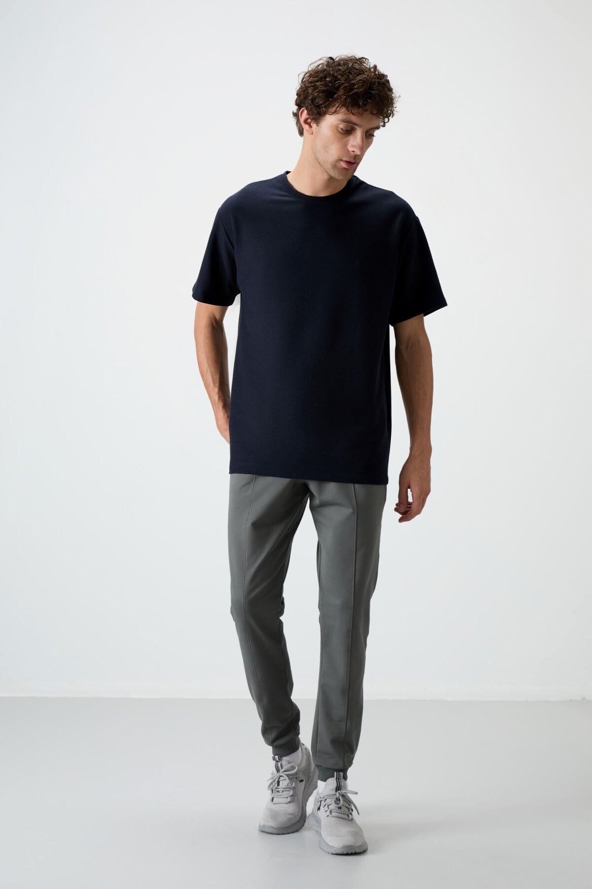 Lacivert Waffle İnterlok Yüzeyi Dokulu Oversize Fit Basic Erkek T-Shirt - 88379
