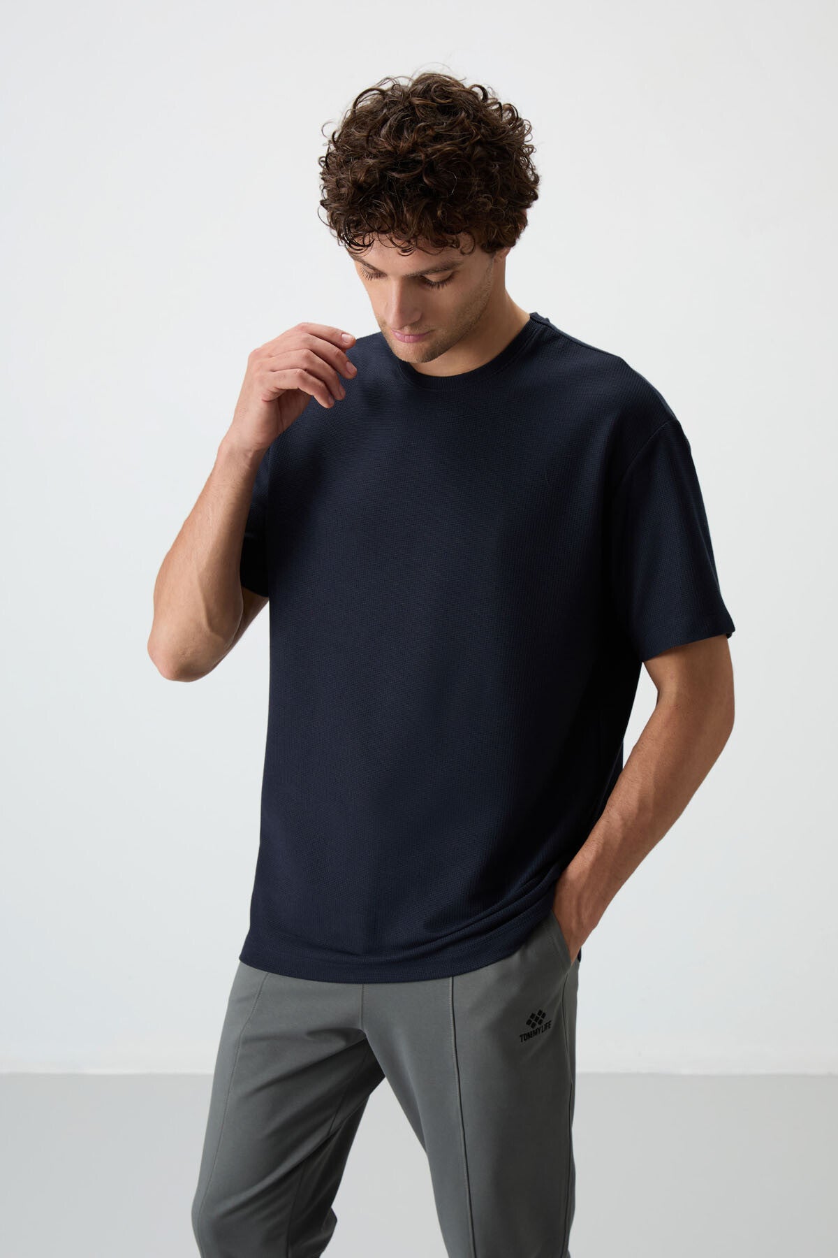 Lacivert Waffle İnterlok Yüzeyi Dokulu Oversize Fit Basic Erkek T-Shirt - 88379