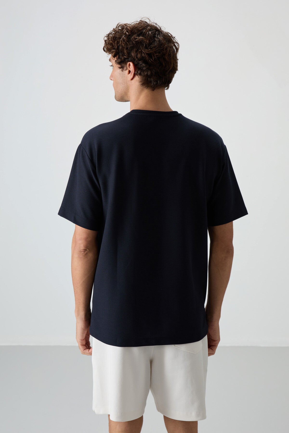 Lacivert Waffle İnterlok Yüzeyi Dokulu Oversize Fit Basic Erkek T-Shirt - 88380
