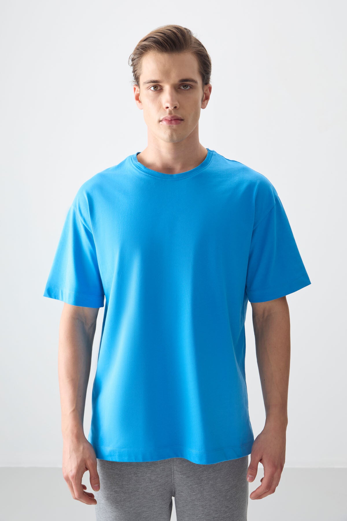 Petrol Mavi %100 Pamuk Kalın Yumuşak Dokulu Oversize Fit Basic Erkek T-Shirt - 88353