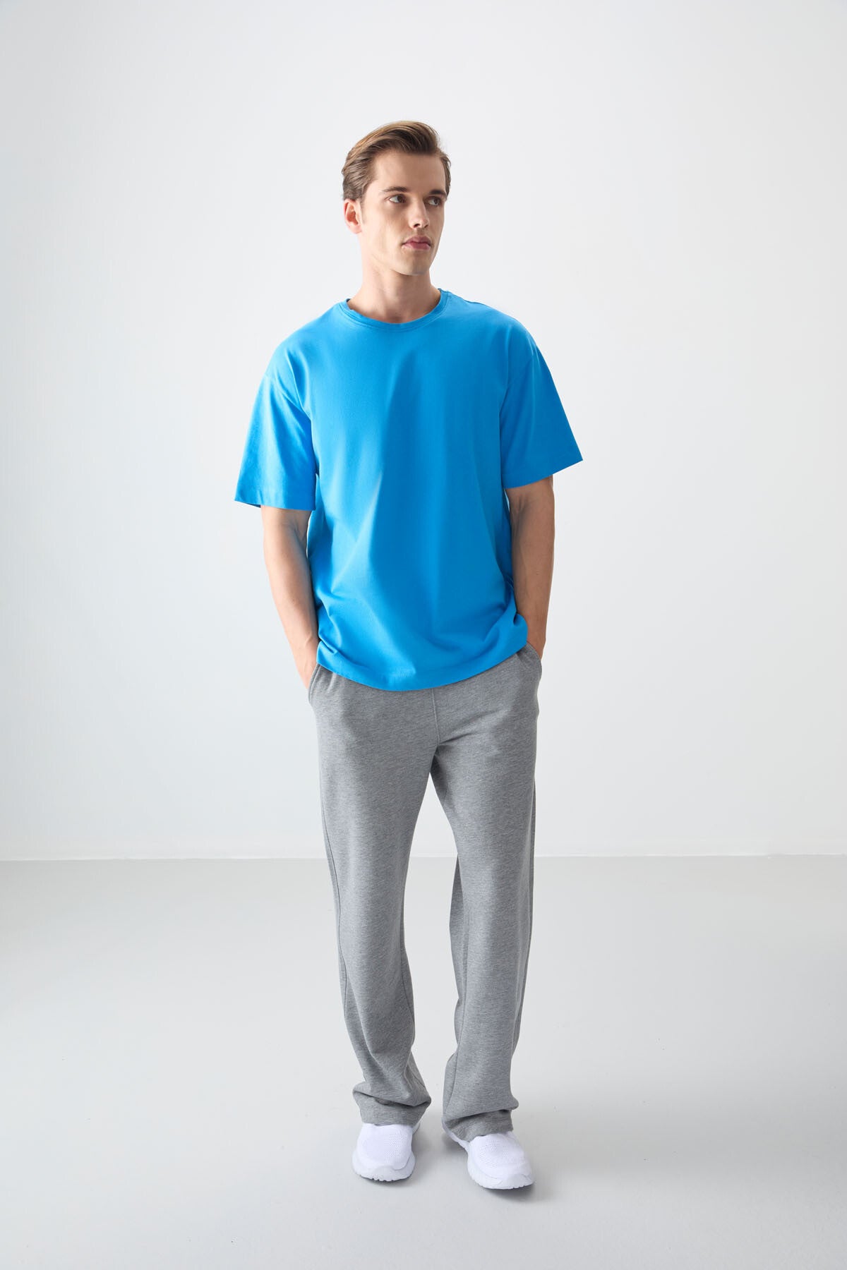 Petrol Mavi %100 Pamuk Kalın Yumuşak Dokulu Oversize Fit Basic Erkek T-Shirt - 88353