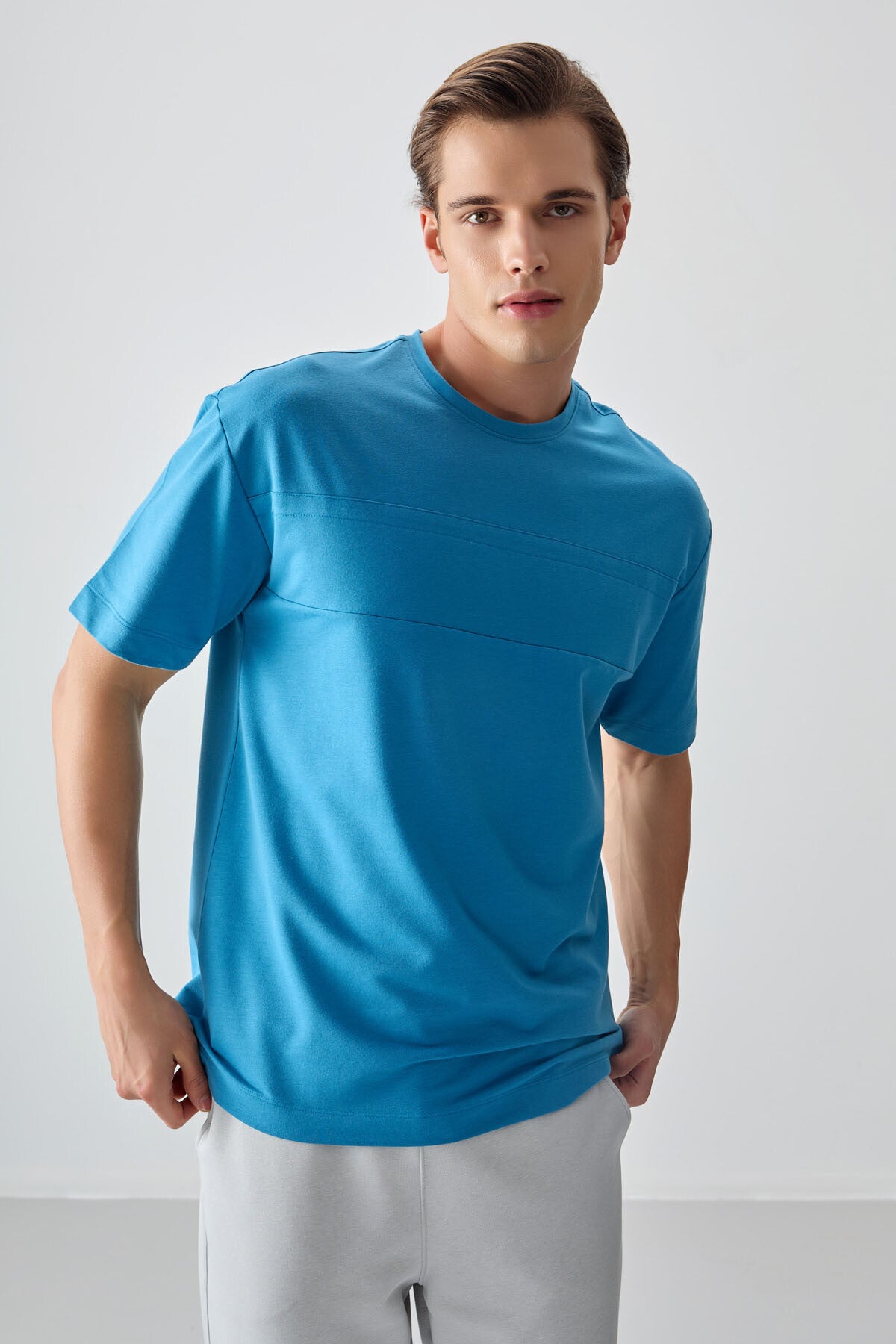 Petrol Mavi Pamuklu Kalın Yumuşak Dokulu Oversize Fit Basic Erkek T-Shirt - 88378