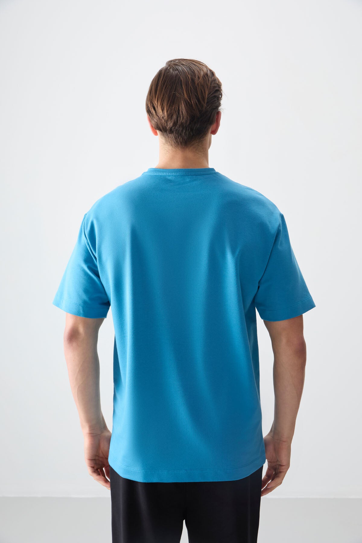 Petrol Mavi Pamuklu Kalın Yumuşak Dokulu Oversize Fit Baskılı Erkek T-Shirt - 88373