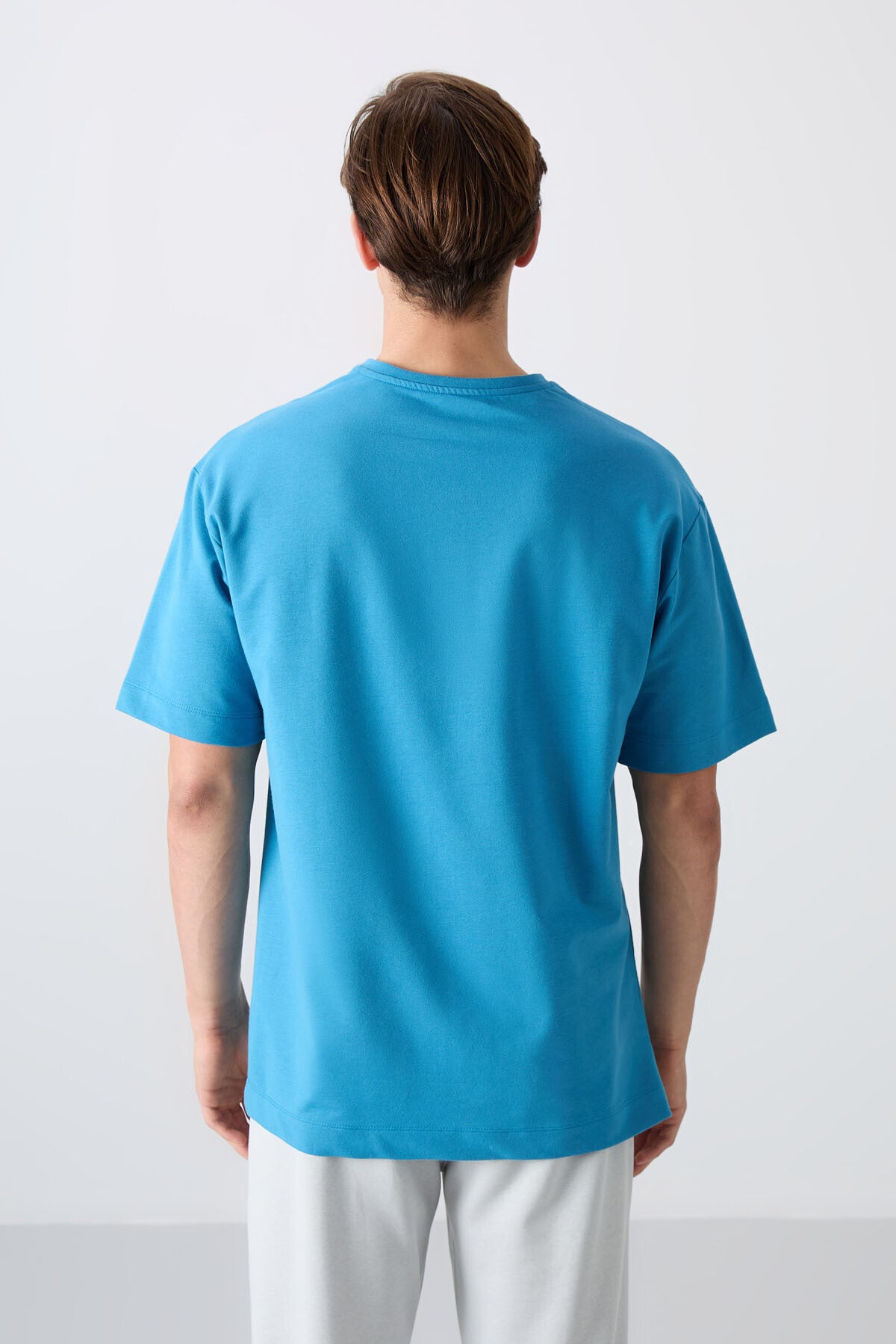 Petrol Mavi Pamuklu Kalın Yumuşak Dokulu Oversize Fit Baskılı Erkek T-Shirt - 88350