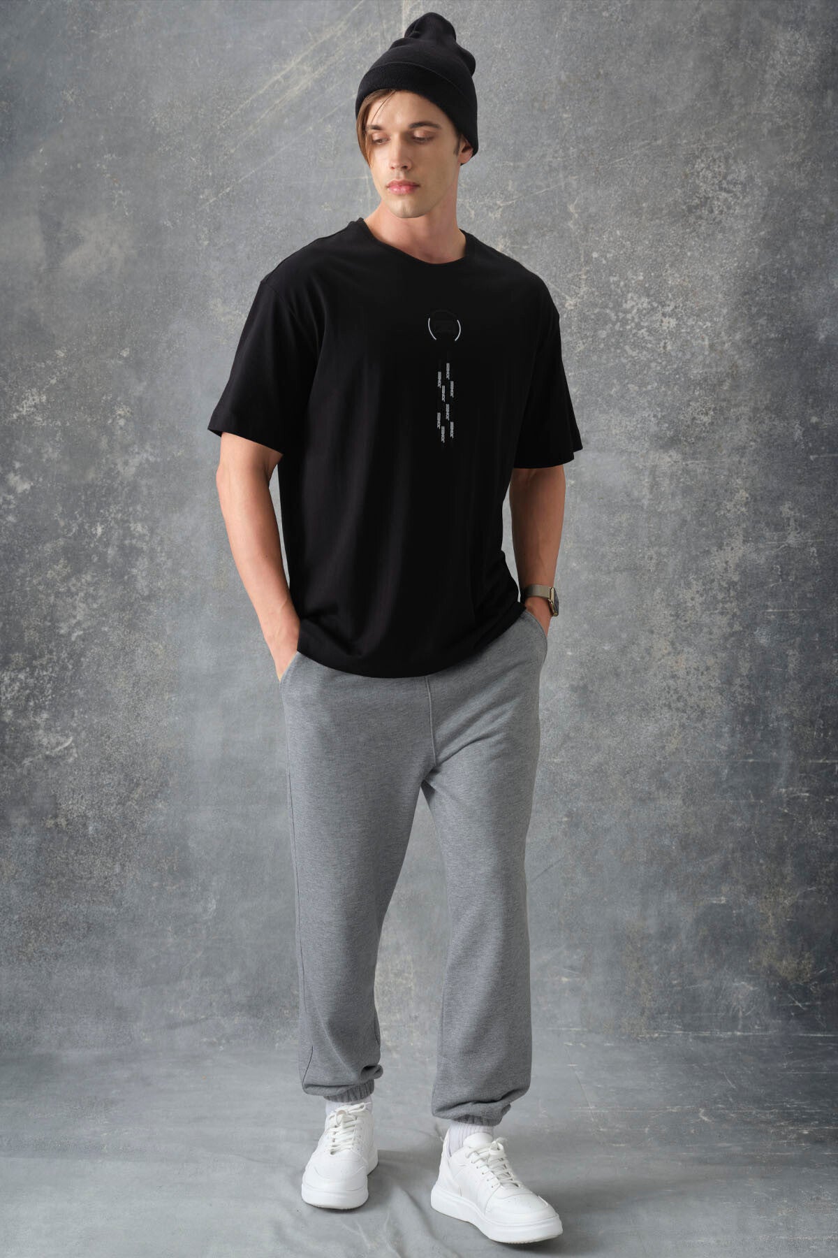Siyah %100 Pamuk Kalın Yumuşak Dokulu Oversize Fit Baskılı Erkek T-Shirt - 88355