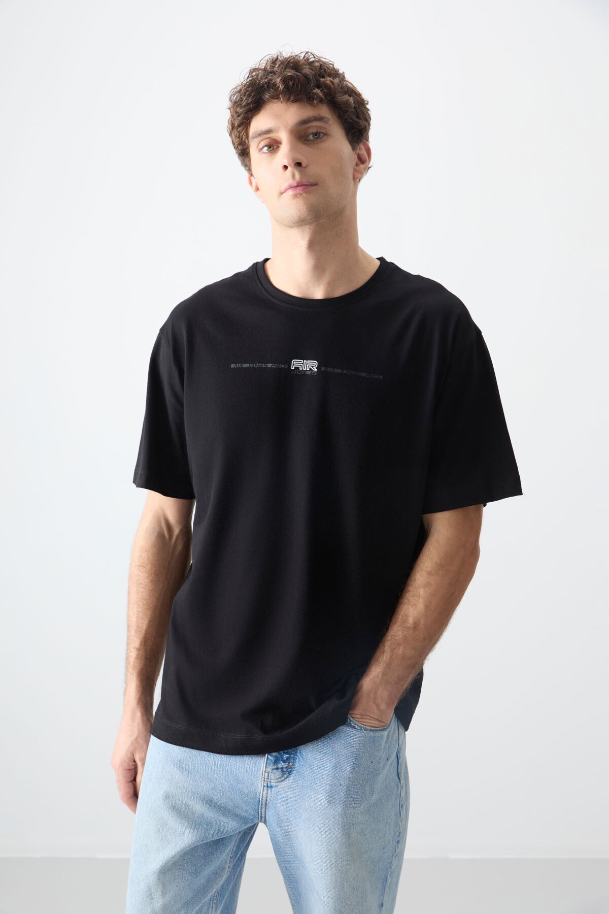 Siyah %100 Pamuk Kalın Yumuşak Dokulu Oversize Fit Baskılı Erkek T-Shirt - 88357