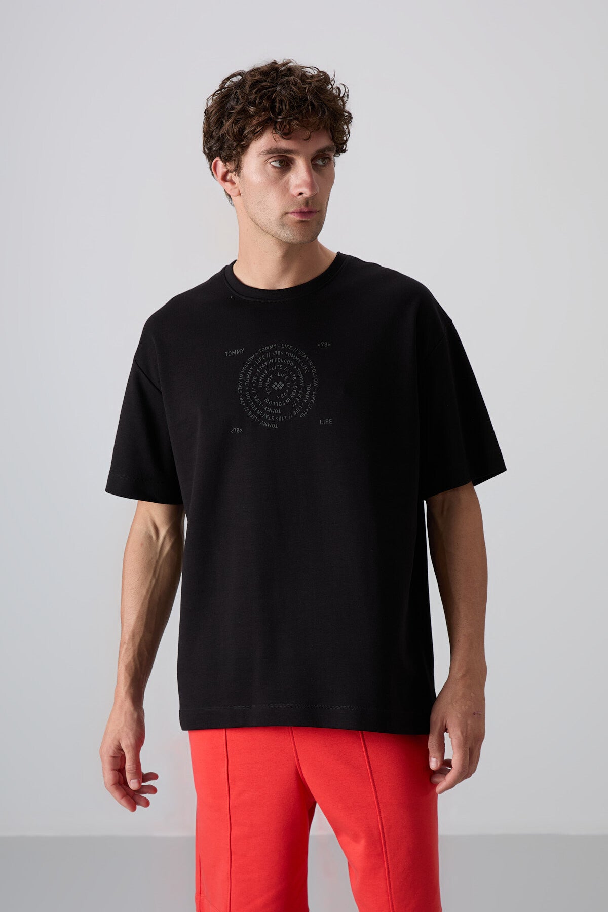 Siyah Pamuklu Kalın Yumuşak Dokulu Oversize Fit Baskılı Erkek T-Shirt - 88324