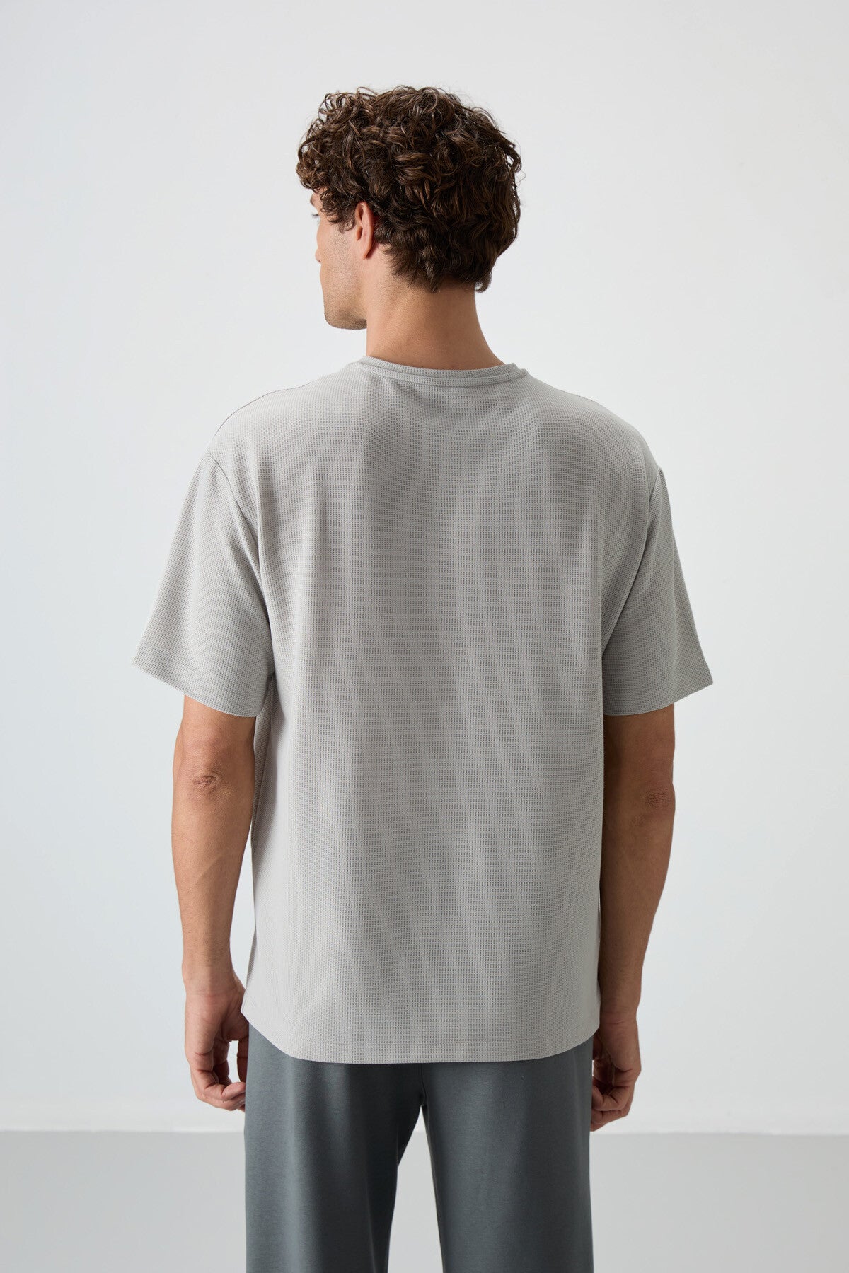Taş Waffle İnterlok Yüzeyi Dokulu Oversize Fit Basic Erkek T-Shirt - 88380