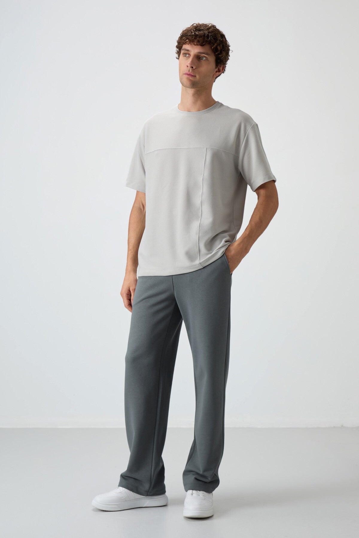 Taş Waffle İnterlok Yüzeyi Dokulu Oversize Fit Basic Erkek T-Shirt - 88380