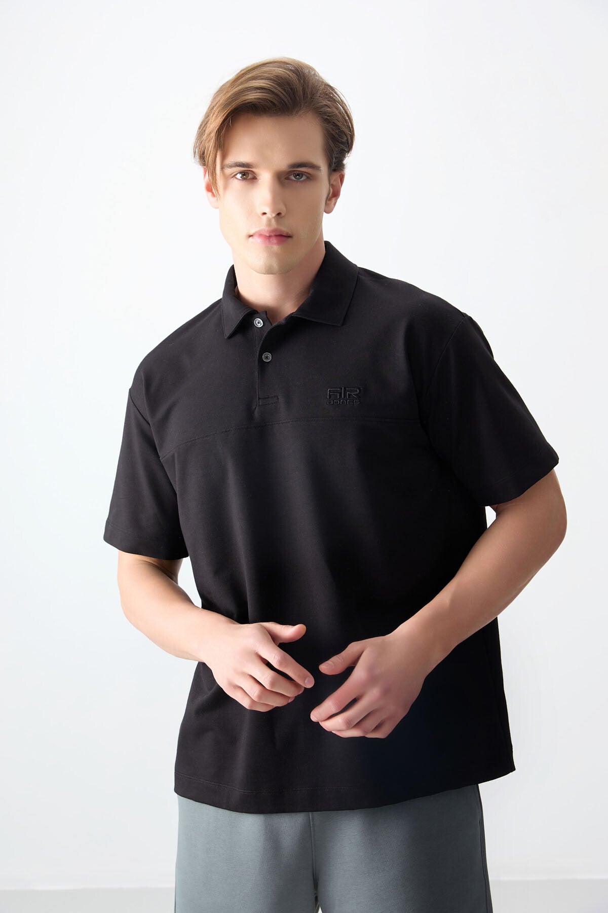 Siyah Pamuklu Kalın Yumuşak Dokulu Polo Yaka Oversize Fit Basic Erkek T- Shirt - 88382