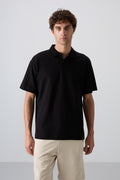 Black Cotton Thick Soft Textured Oversize Fit Basic Polo Collar Men's T-Shirt - 88327