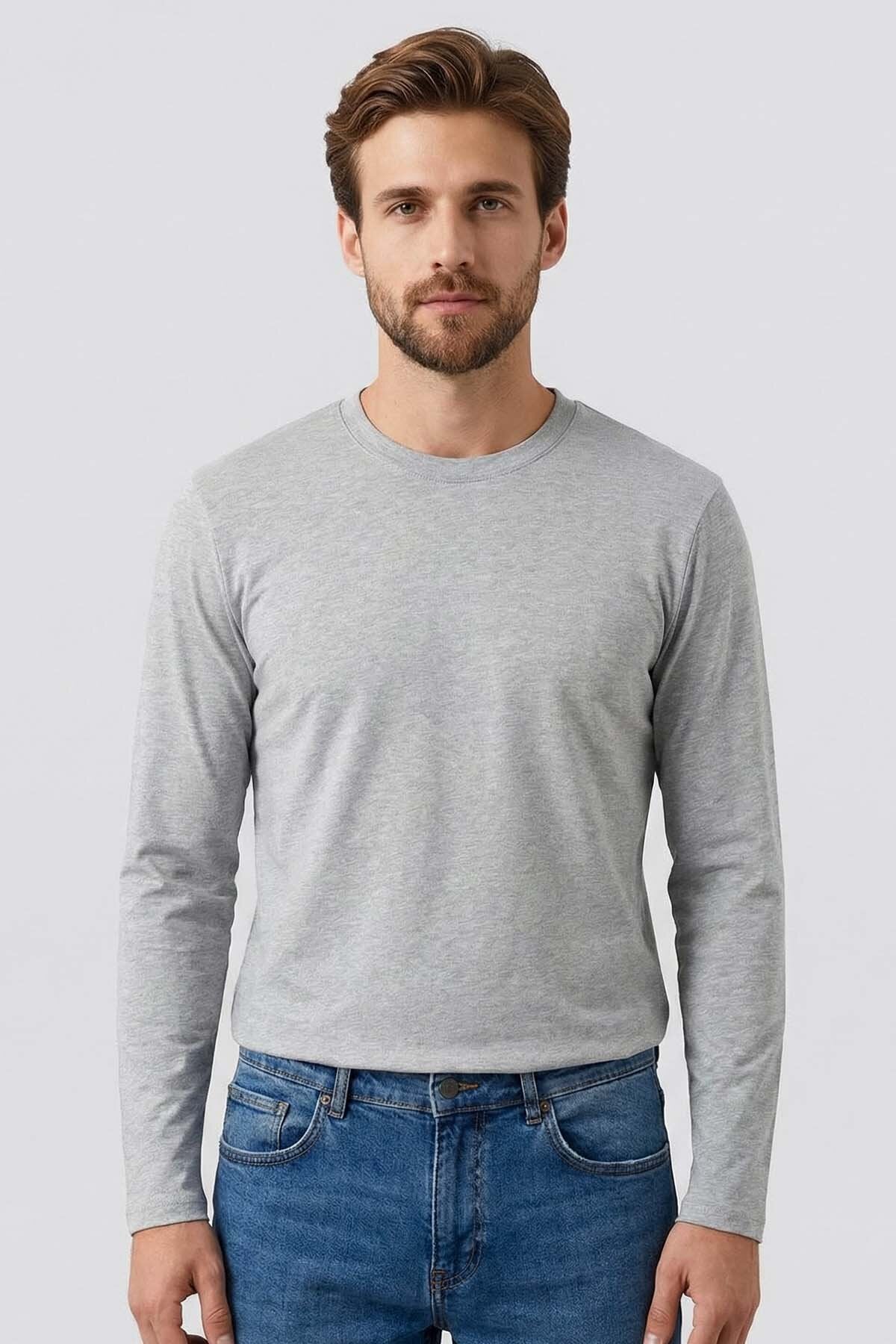 Gri Melanj Standart Fit Basic O Yaka Uzun Kollu İnce Erkek T-Shirt - 87997