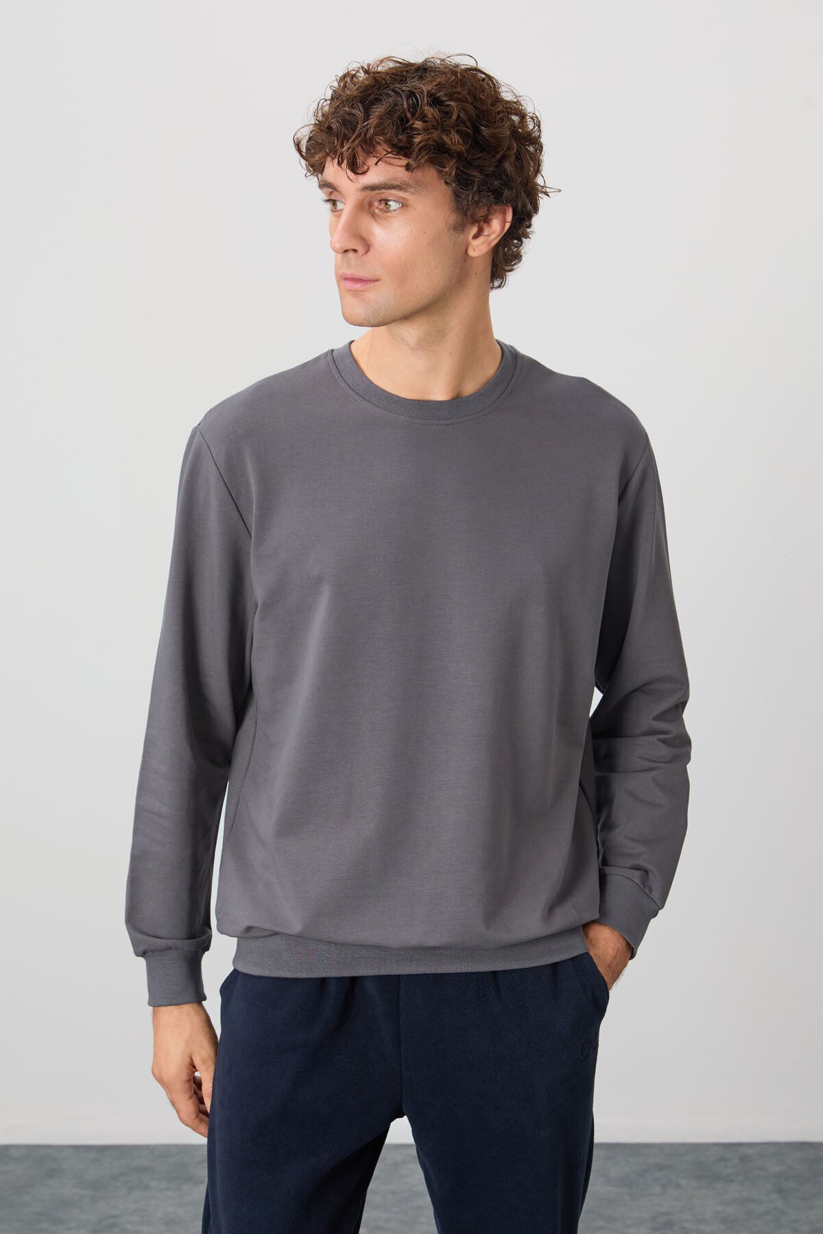 Koyu Gri Pamuk Yumuşak Dokulu Standart Fit Basic Erkek Sweatshirt - 88363