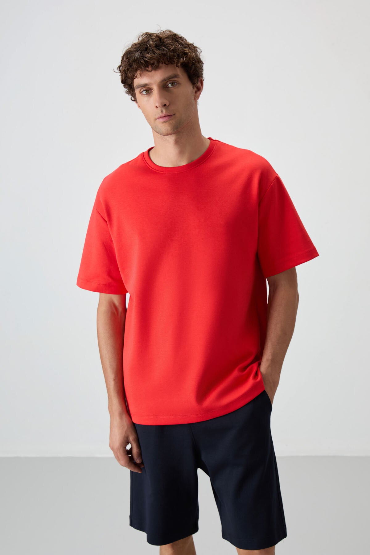 Fiesta - Lacivert Pamuklu Kalın Yumuşak Dokulu Oversize Fit Basic Erkek Şort Takım - 85249