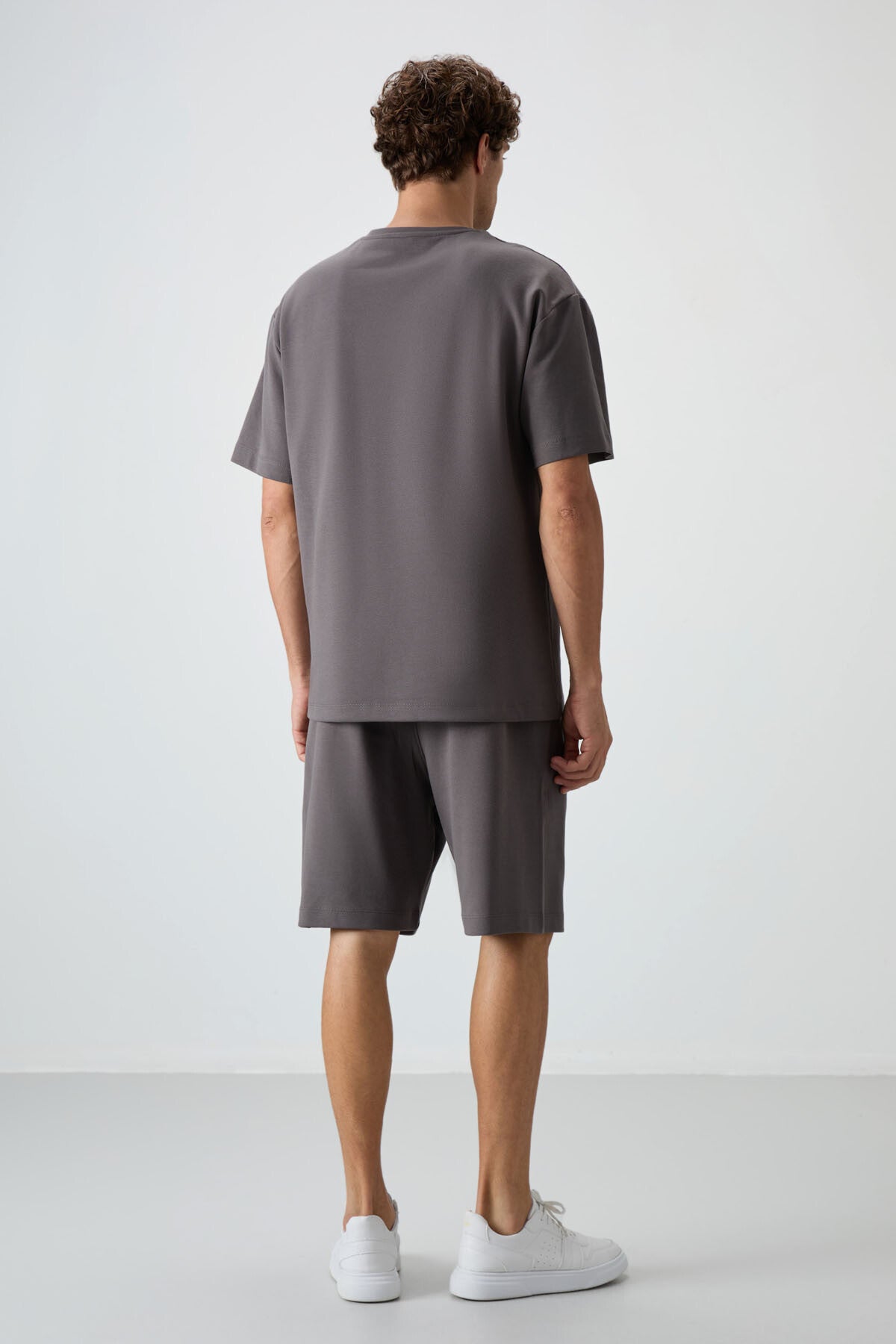 Koyu Gri Pamuklu Kalın Yumuşak Dokulu Oversize Fit Basic Erkek Şort Takım - 85249