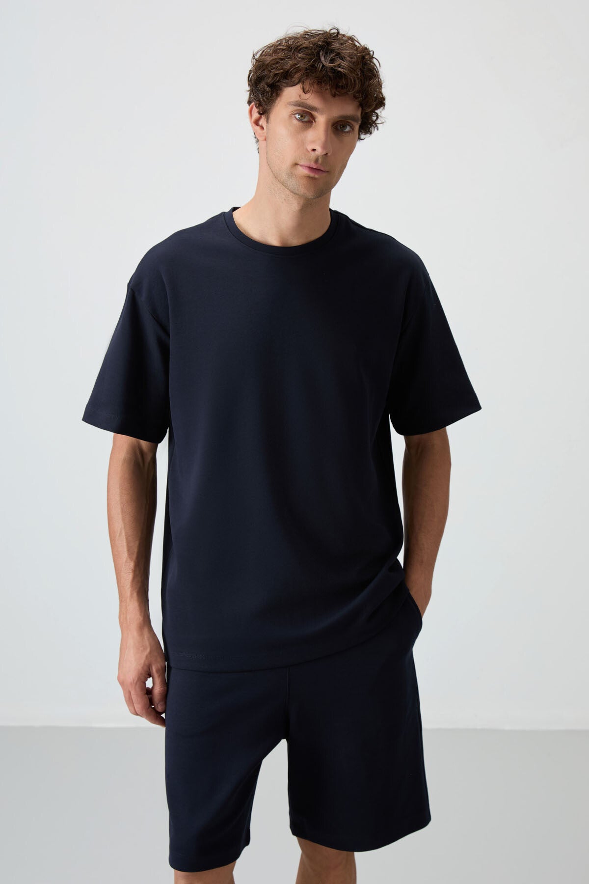 Lacivert Pamuklu Kalın Yumuşak Dokulu Oversize Fit Basic Erkek Şort Takım - 85249