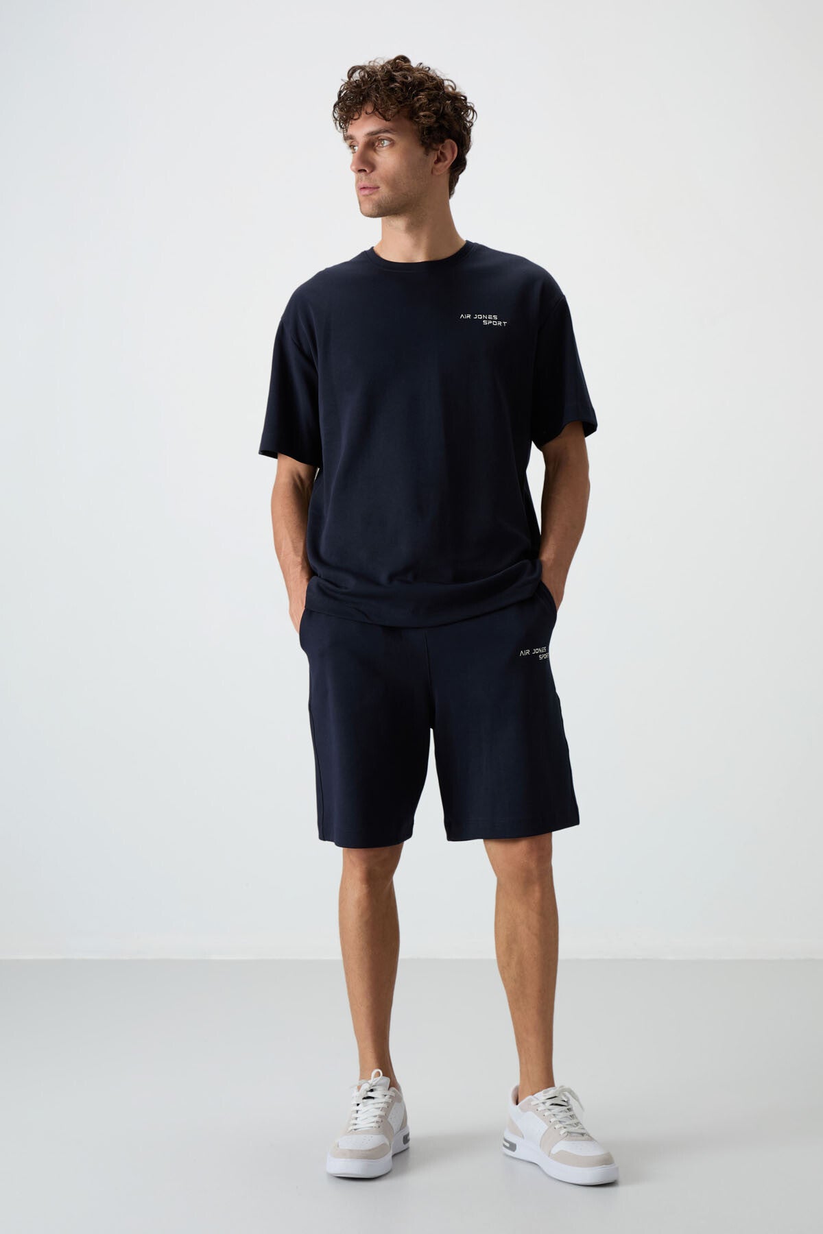 Lacivert Pamuklu Kalın Yumuşak Dokulu Oversize Fit Nakışlı Erkek Şort Takım - 85250