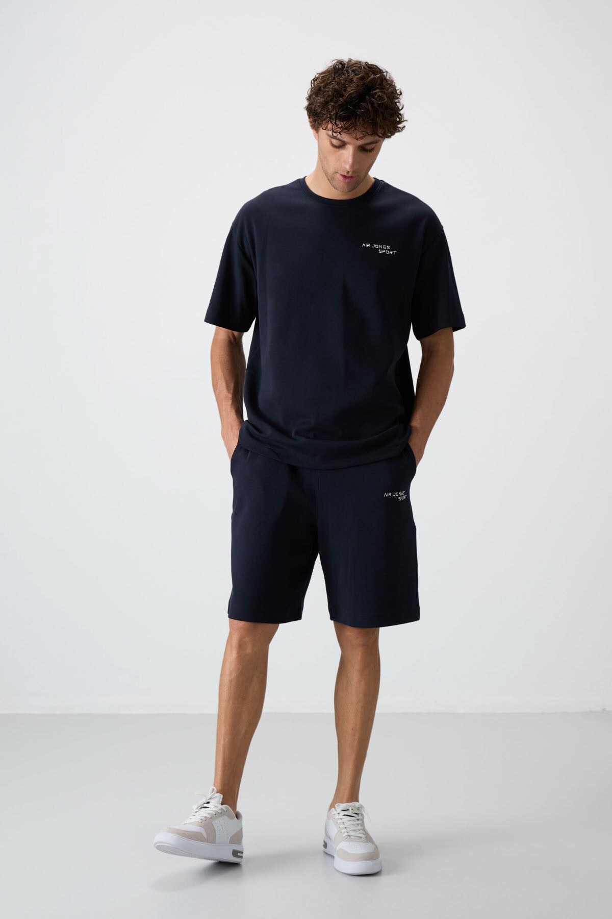 Lacivert Pamuklu Kalın Yumuşak Dokulu Oversize Fit Nakışlı Erkek Şort Takım - 85250