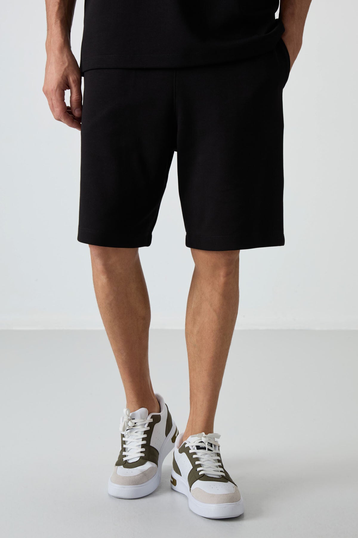Siyah Pamuklu Kalın Yumuşak Dokulu Oversize Fit Basic Erkek Şort Takım - 85249