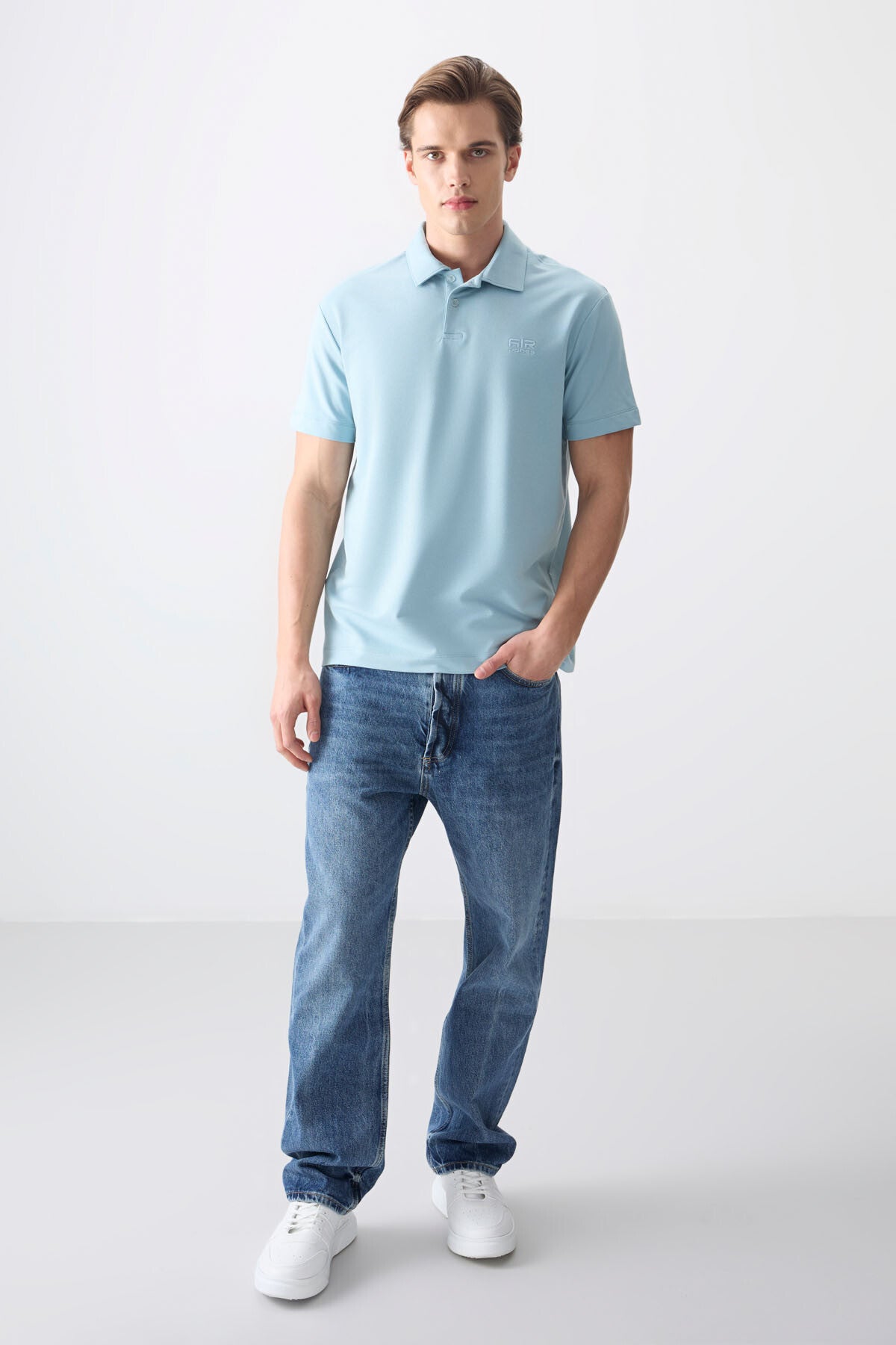 Açık Mavi Pamuklu Kalın Yumuşak Dokulu Polo Yaka Oversize Fit Basic Erkek T- Shirt - 88381